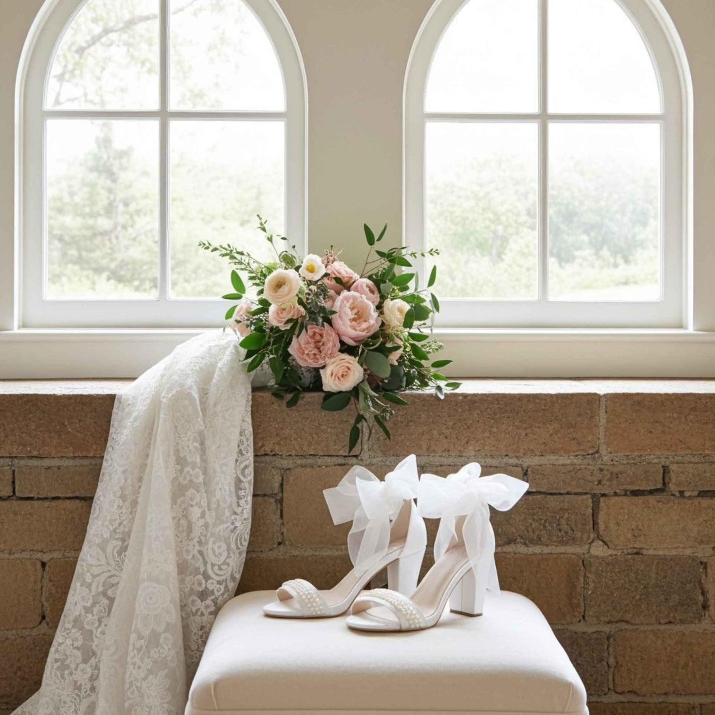 Ivory pearl wedding shoes with ribbons and a bouquet of flowers on a cushion in front of a window.