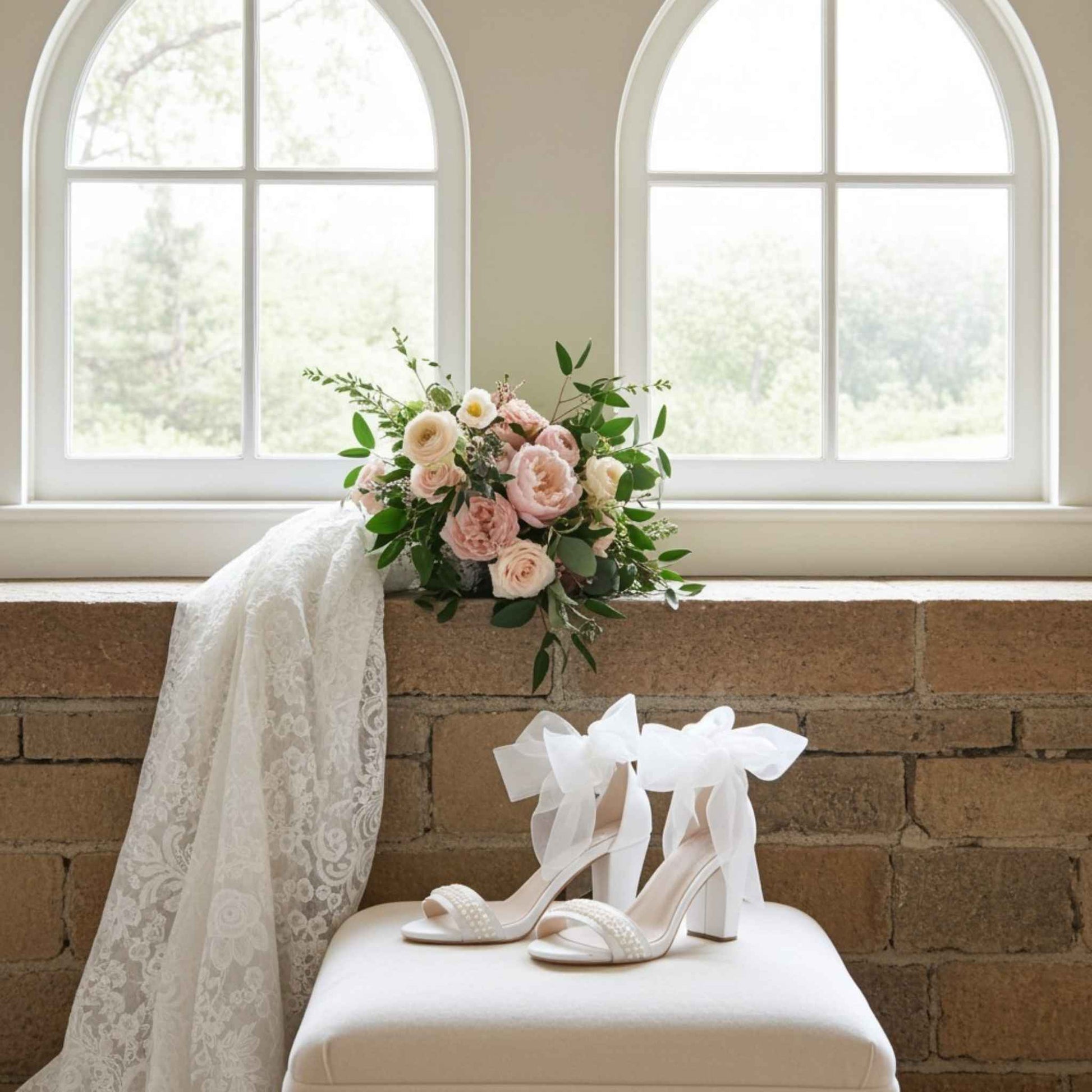 Ivory pearl wedding shoes with ribbons and a bouquet of flowers on a cushion in front of a window.