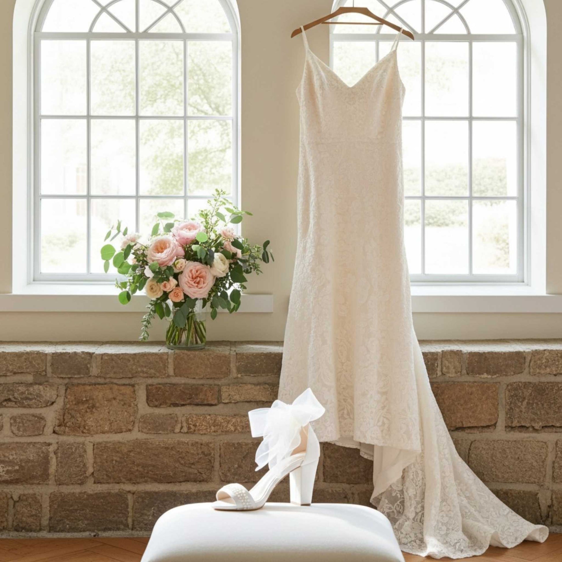 Bridal gown hung up with arched windows, pink flowers and single pearl bridal shoe on a beige stool.