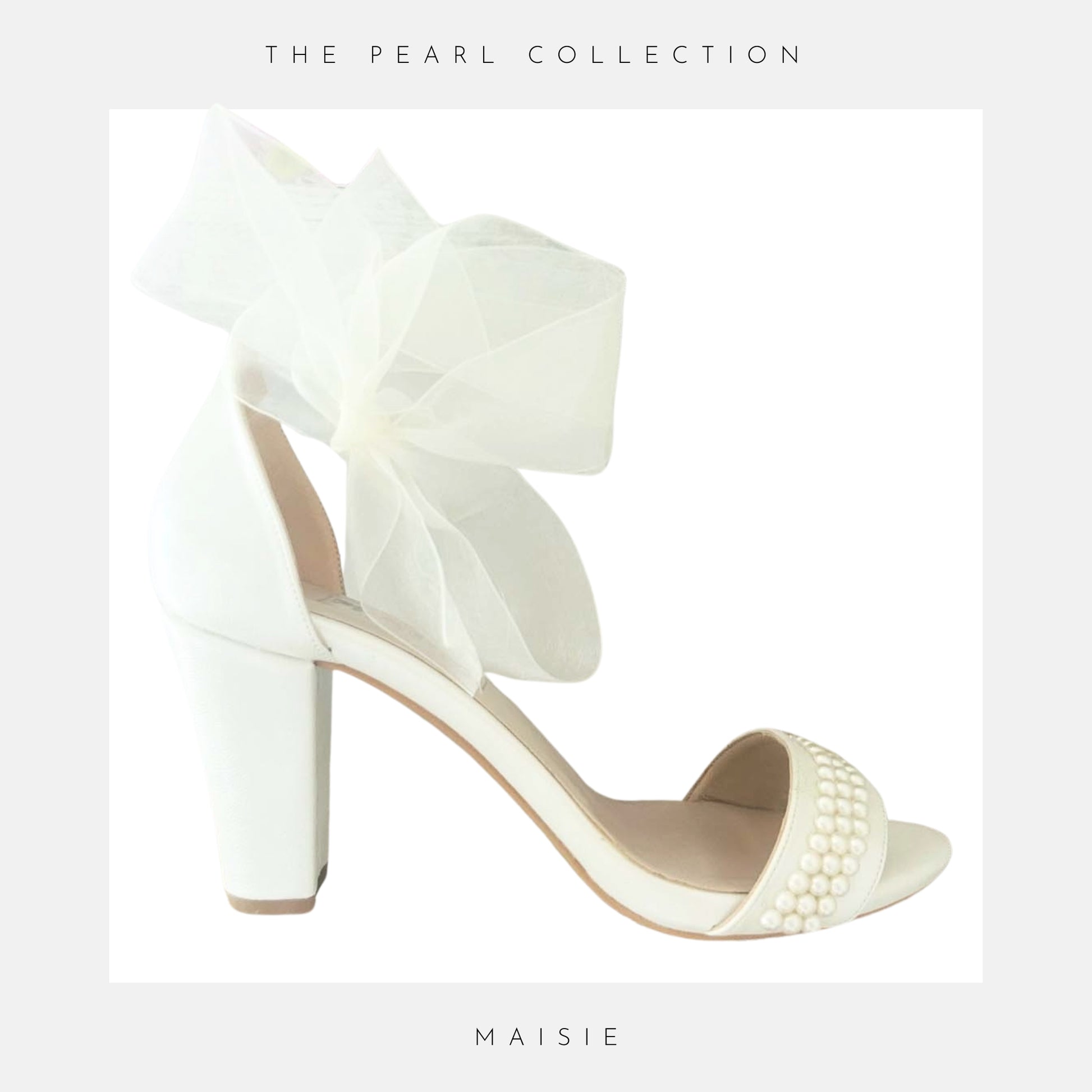 Pretty pearl bridal shoes with open toe, block heel and organza strap.