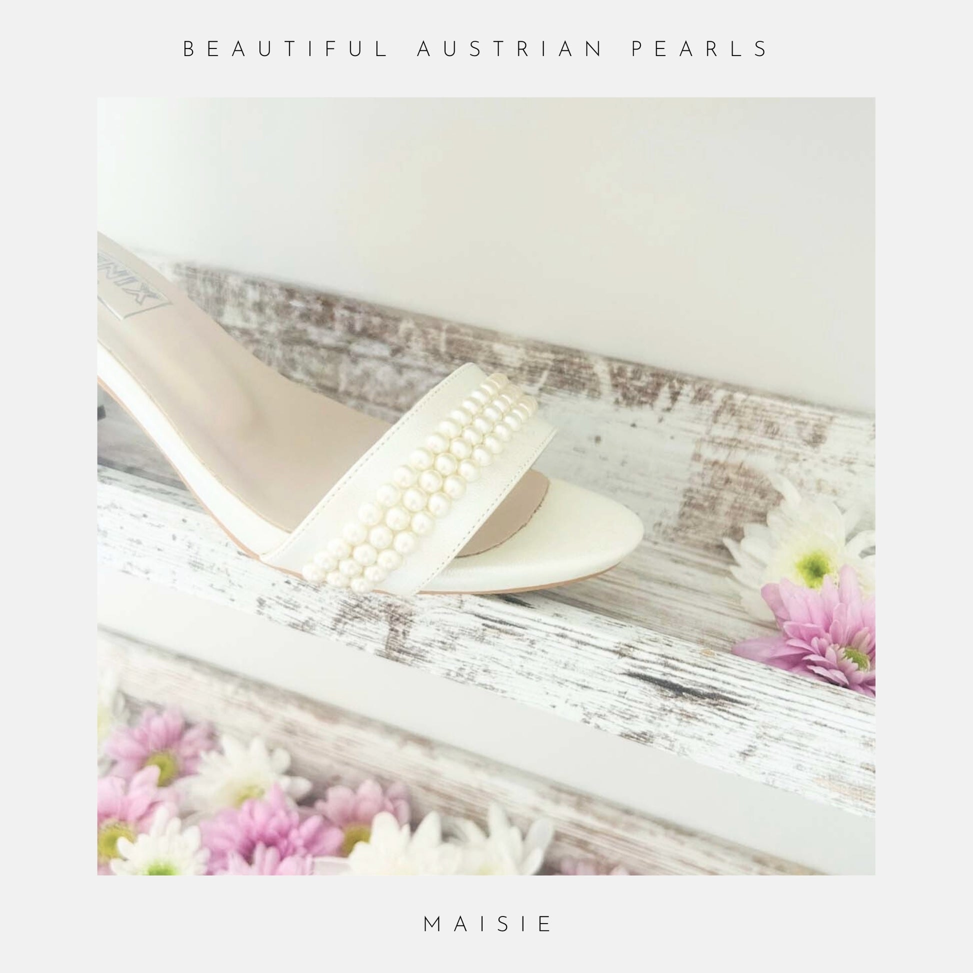 A close up of Maisie open toe bridal shoes with three rows of ivory pearls.