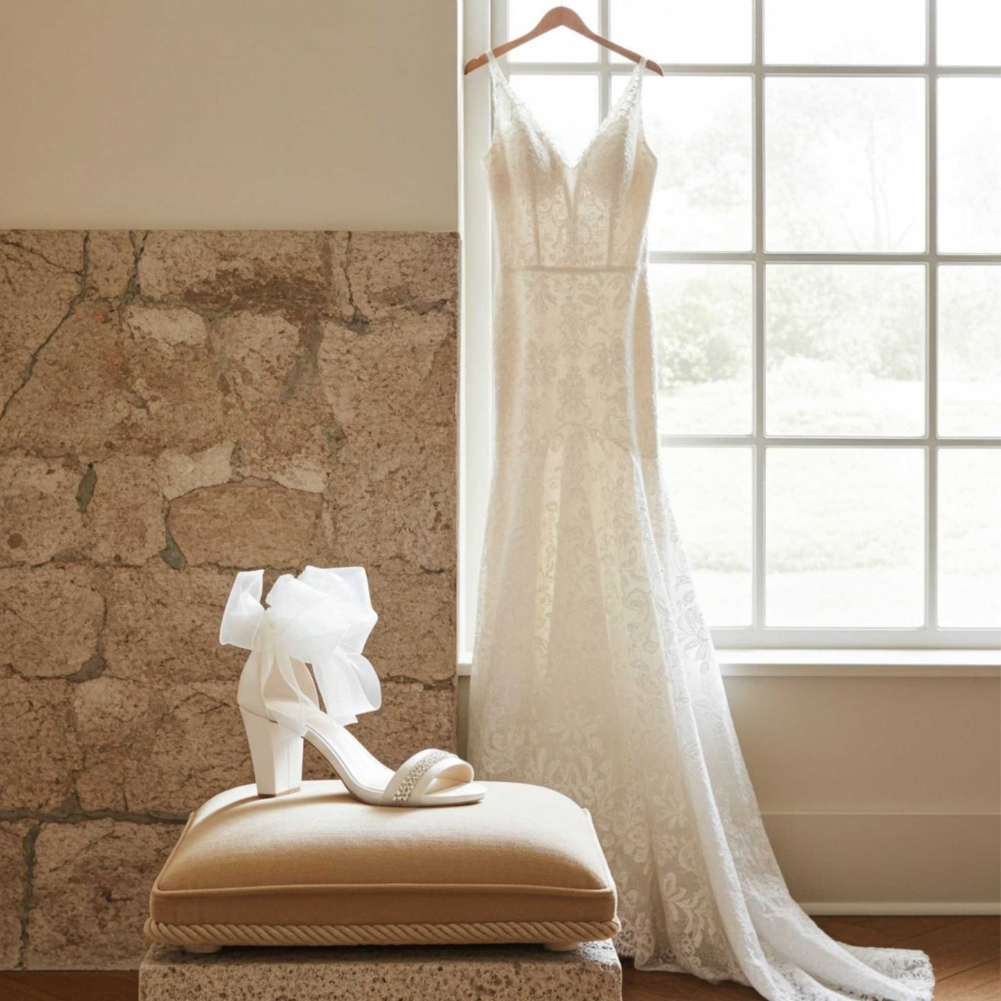 Lace wedding dress hanging by a window with an ivory high-heeled shoe with crystals on a cushion in front.