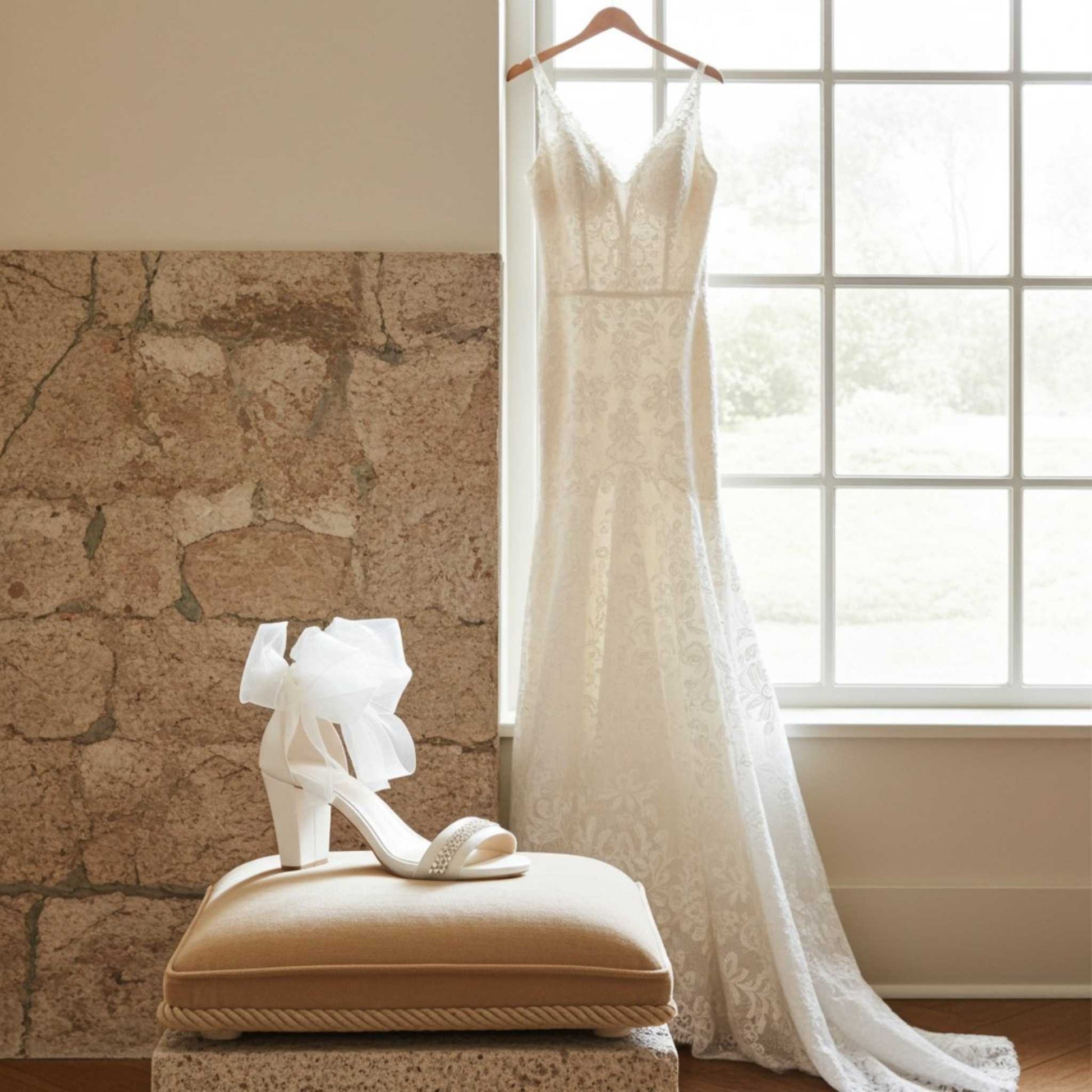 Lace wedding dress hanging by a window with an ivory high-heeled shoe with crystals on a cushion in front.