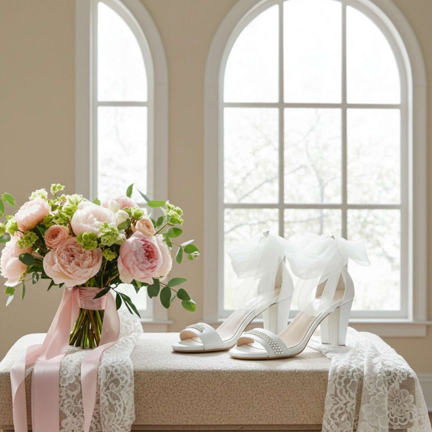 Ivory rhinestone high-heeled shoes and a bouquet of pink flowers on a lace-covered surface with large windows in the background.