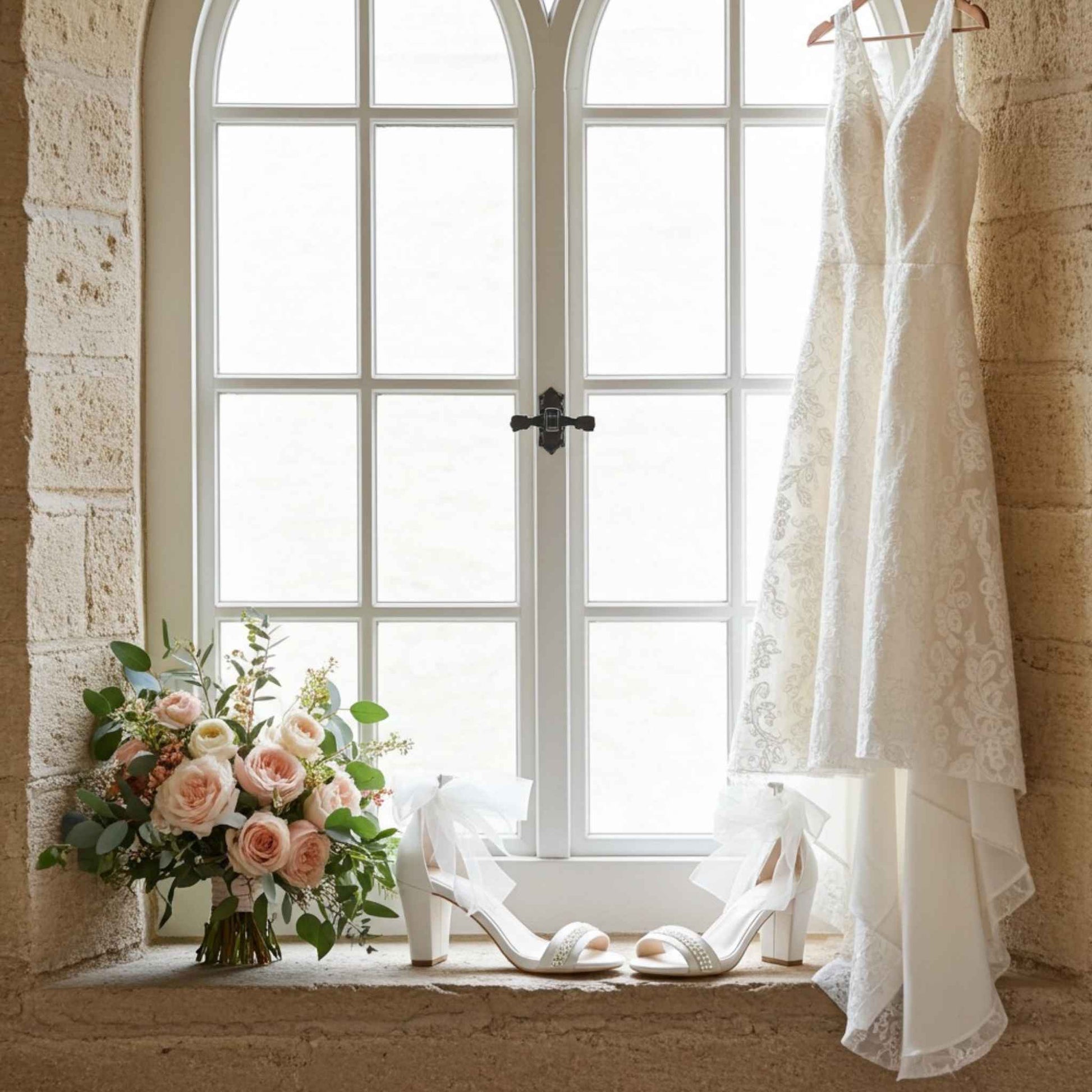 White lace wedding dress hanging on a rack next to a bouquet of flowers in a room with large windows. Block heel rhinestone bridal shoes.