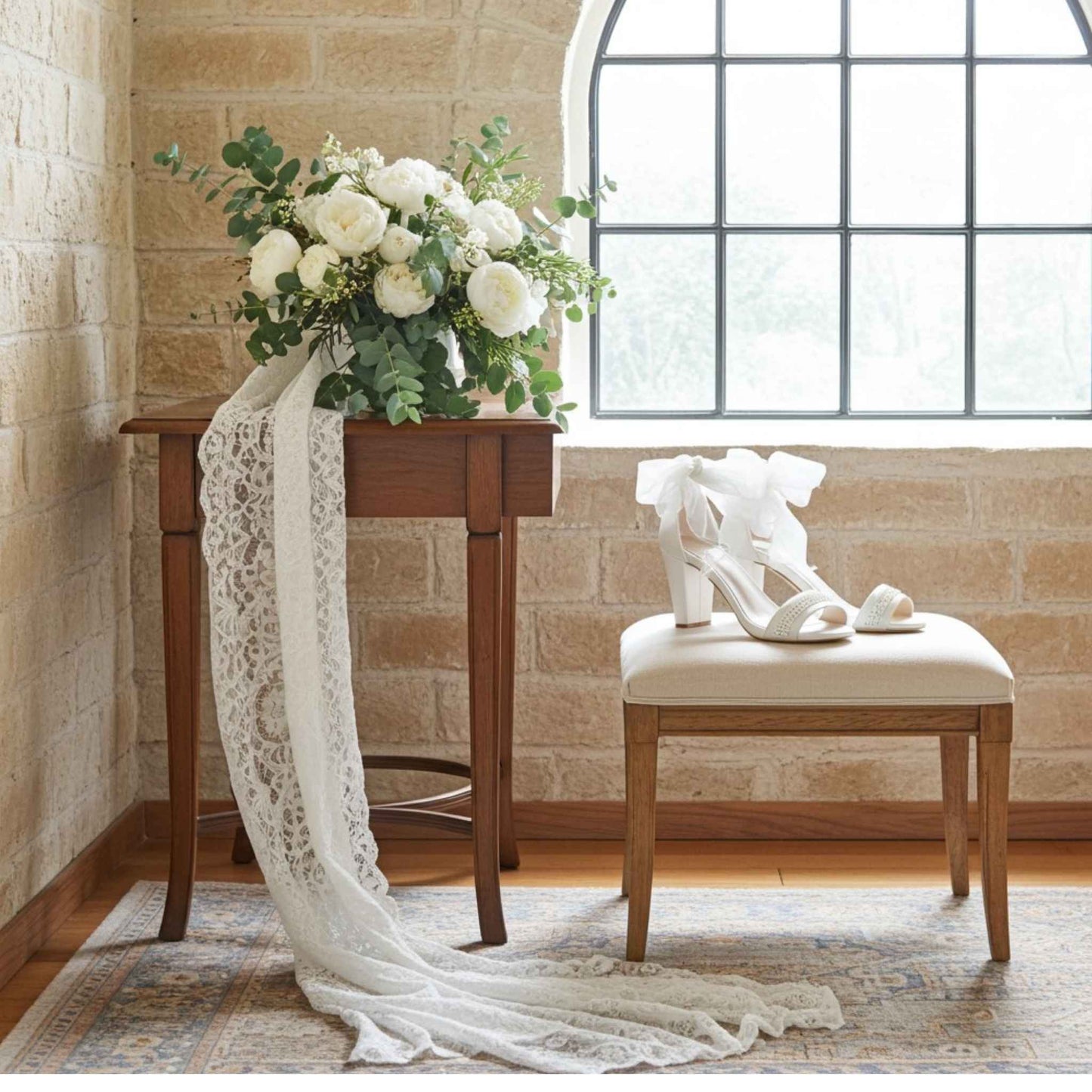 Bouquet of Ivory flowers on a wooden table with a lace garment draped over it, next to a chair with ivory open toe bridal shoes on a wooden floor.