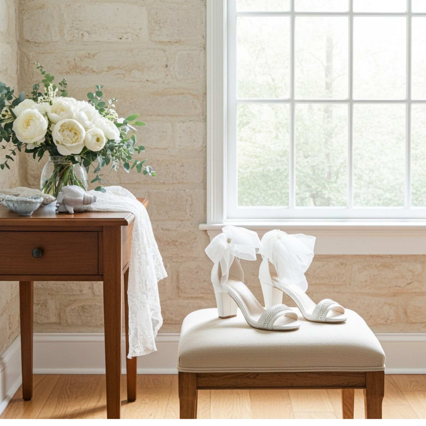 Ivory high-heeled wedding shoes with bows on a beige cushioned stool next to a wooden table with flowers and white fabric.