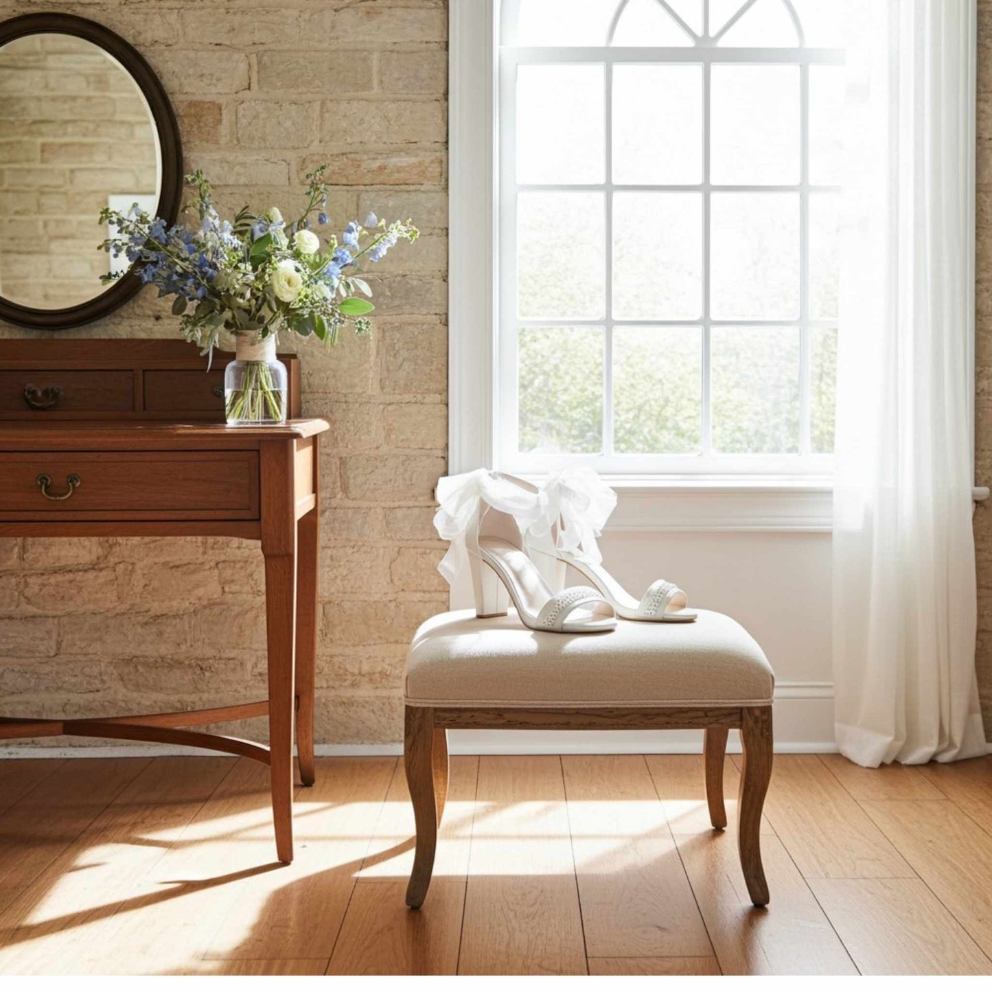 Wooden vanity with mirror, flowers, and a stool with crystal ivory bridal shoes in a bright room.