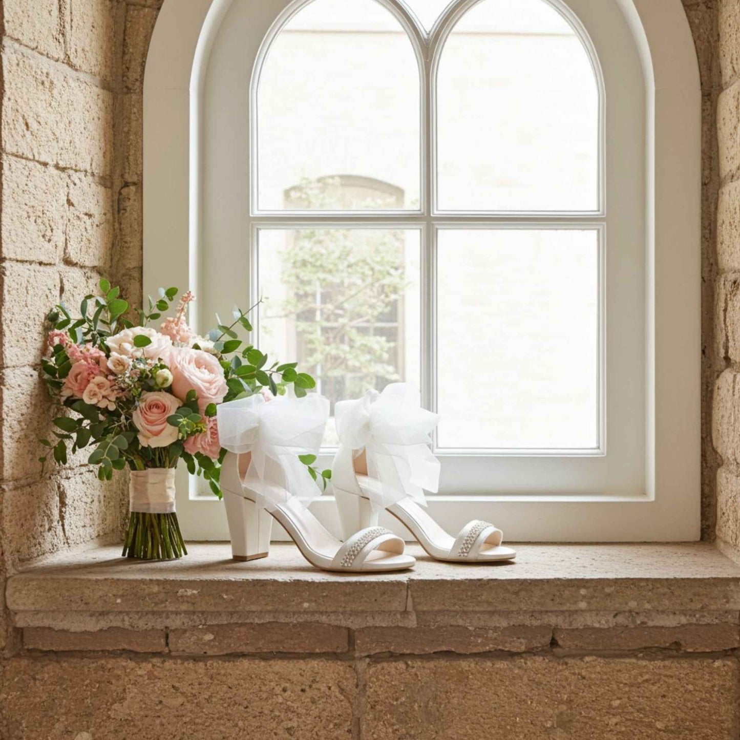 Ivory high-heeled shoes and a bouquet of flowers on a stone window sill with a large arched window in the background.