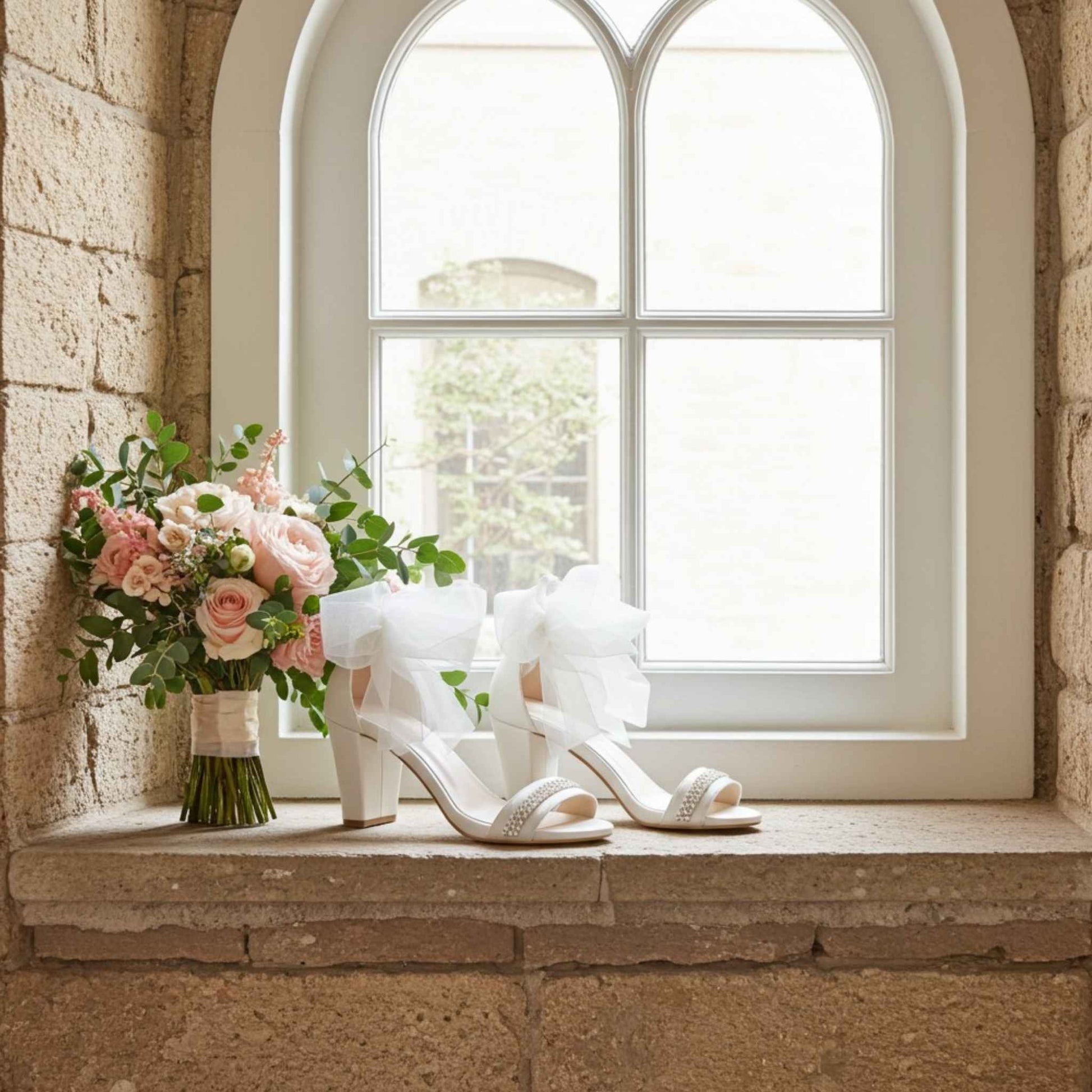 Ivory high-heeled shoes and a bouquet of flowers on a stone window sill with a large arched window in the background.