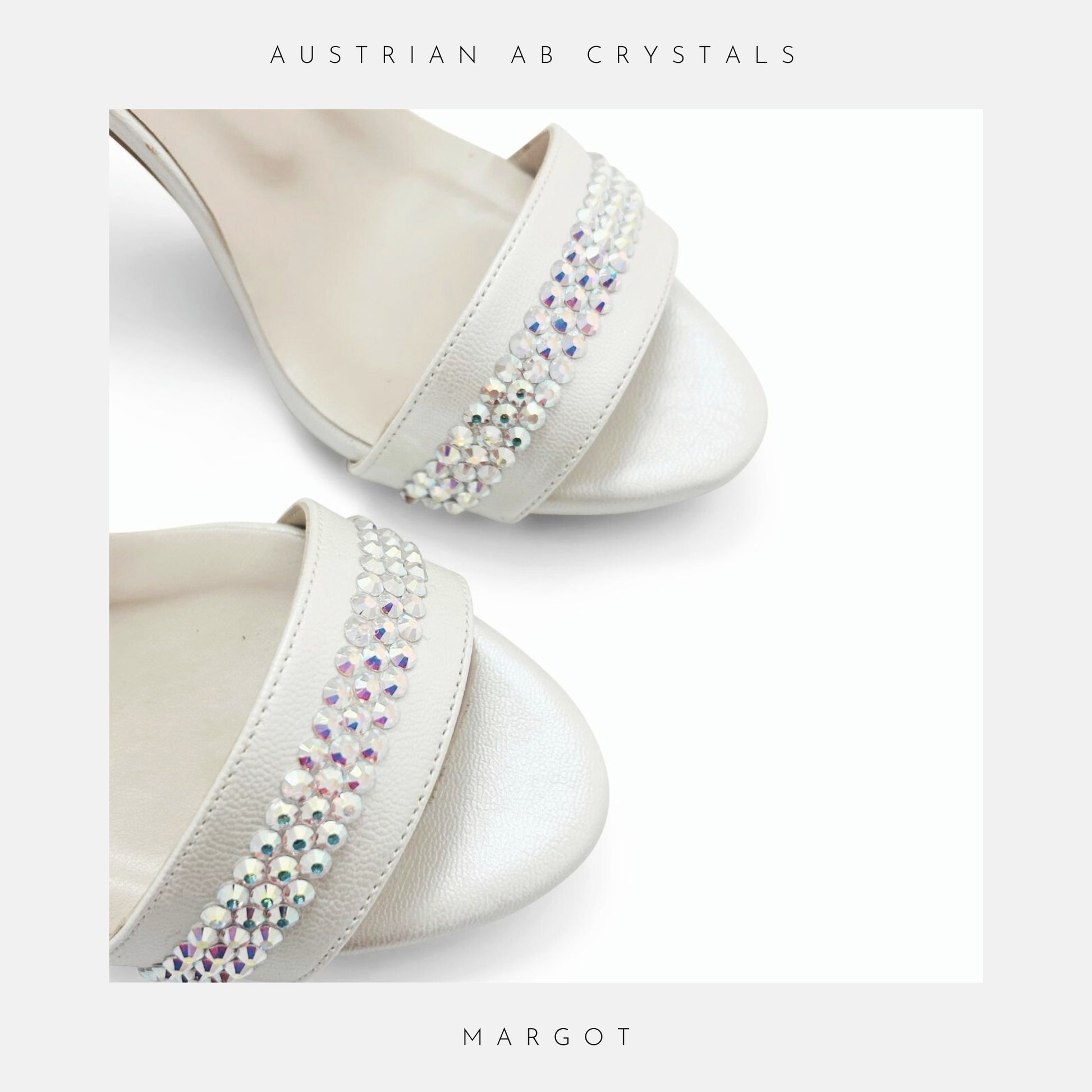 A close up image of open toe bridal shoes showing the crystals on the shoes.