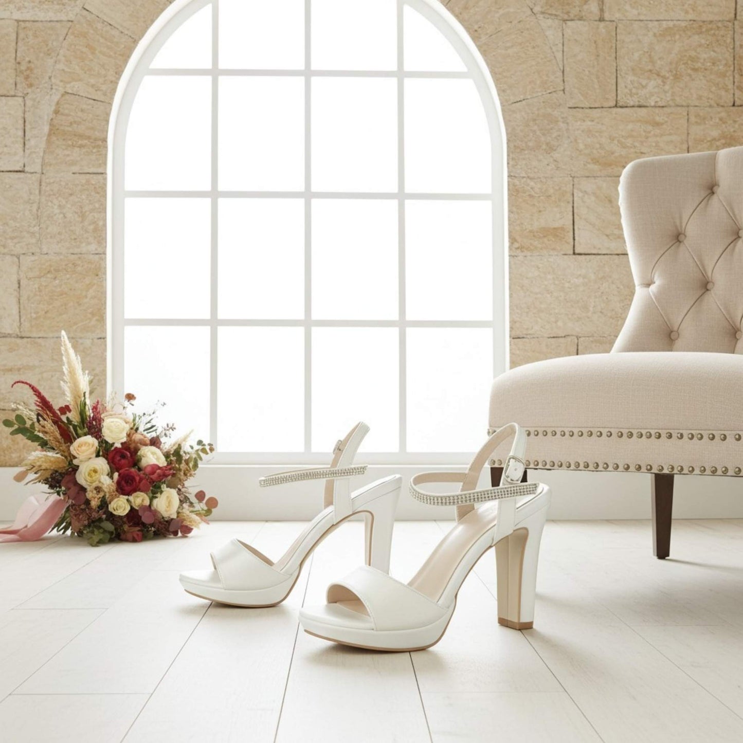Close up of Ivory platform bridal shoes with large window, bouquet of flowers and a chair in the background.