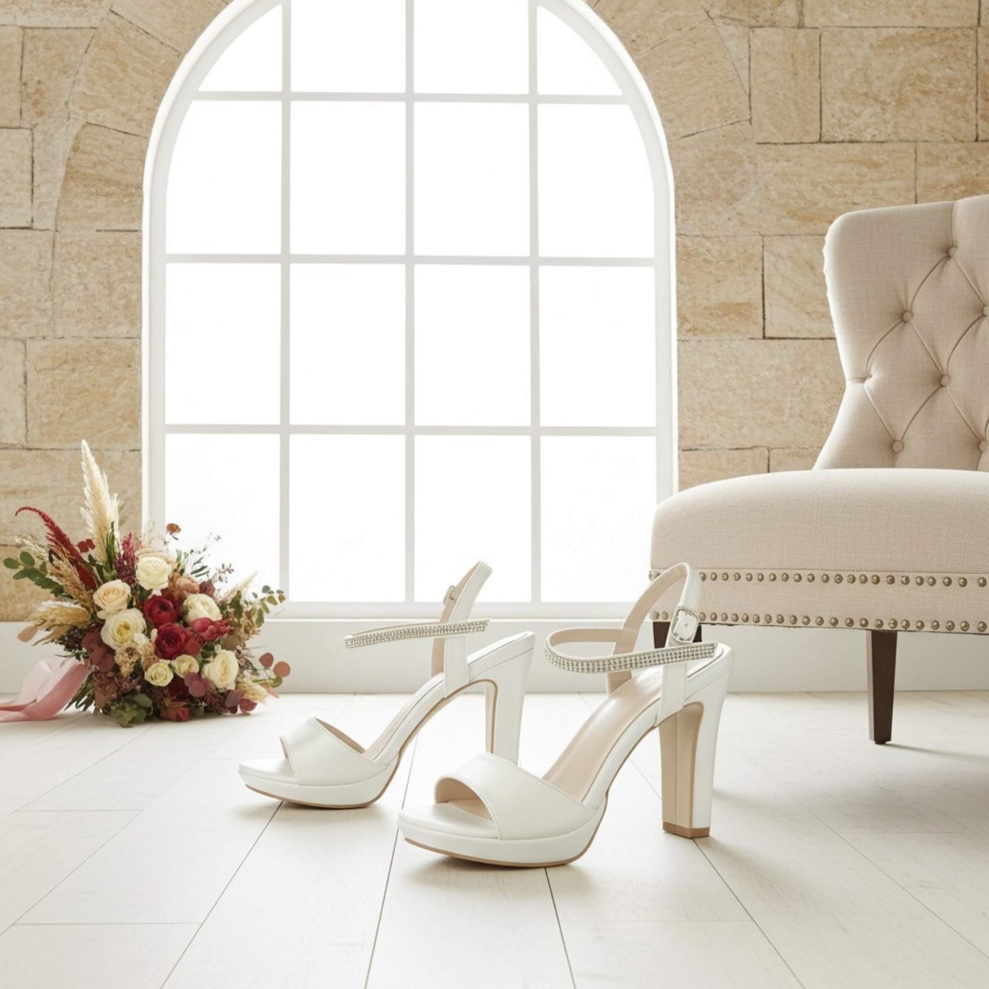 Close up of Ivory platform bridal shoes with large window, bouquet of flowers and a chair in the background.