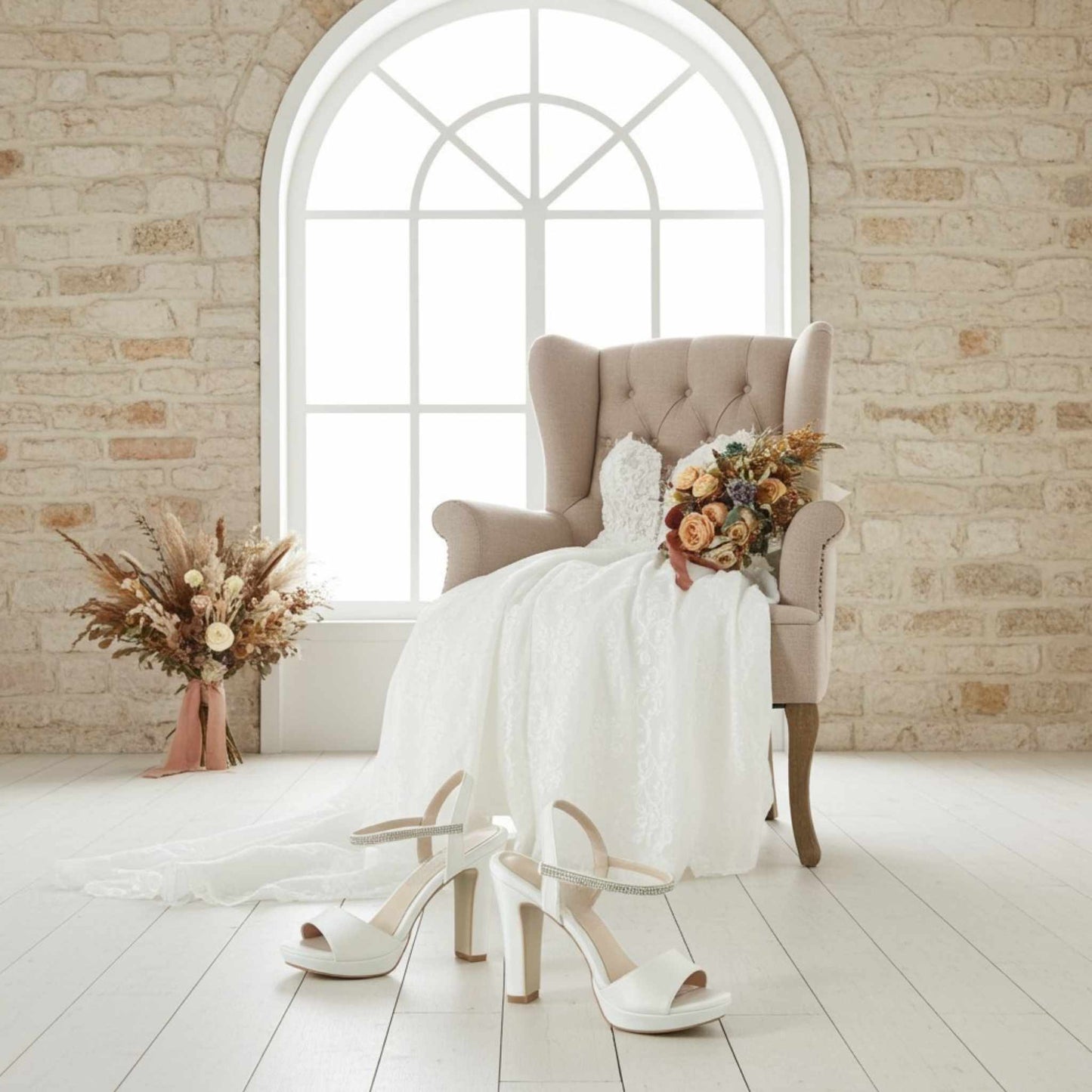 Pair of high block heel wedding shoes with open toe in a room with rustic flowers and a bridal gown on a chair