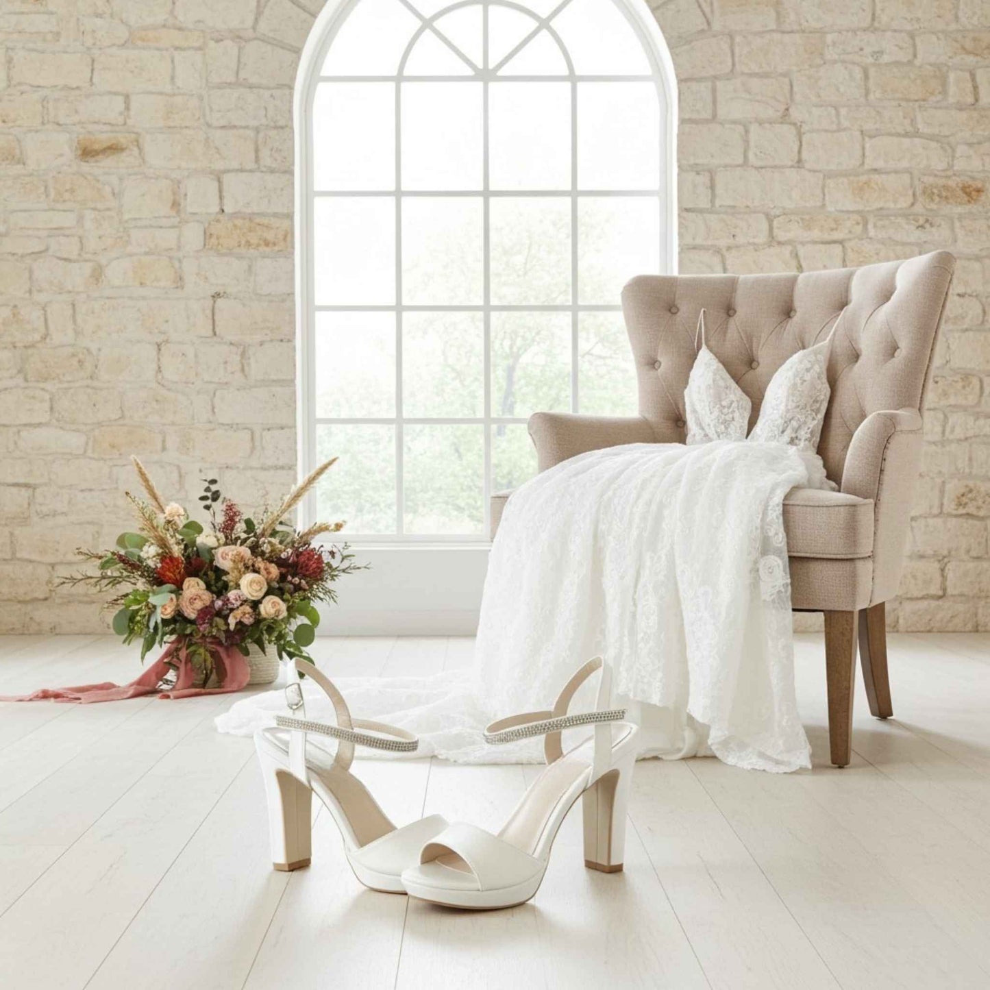 Ivory high heeled bridal shoes on a light wooden floor with a decorative chair and floral arrangement in the background.