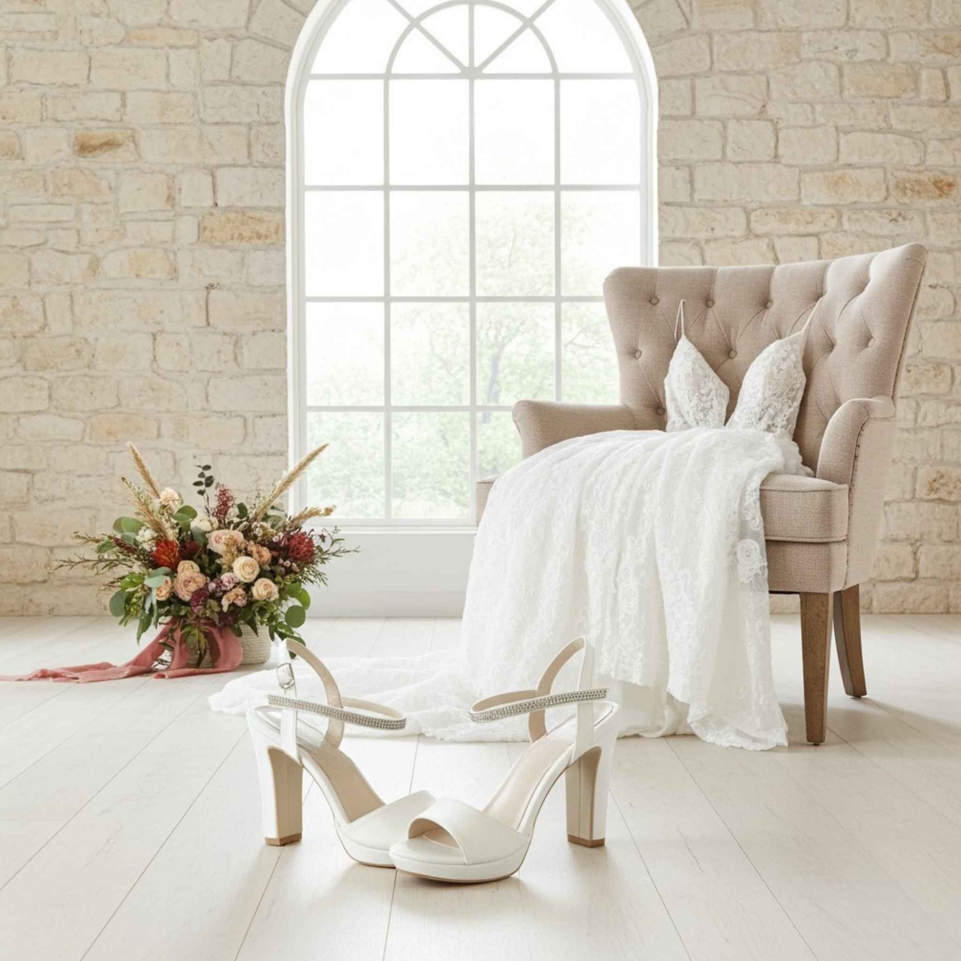 Ivory high heeled bridal shoes on a light wooden floor with a decorative chair and floral arrangement in the background.