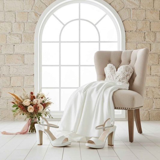 Ivory wedding dress on a chair with white platform high heel wedding shoes and a bouquet of flowers in a room with stone walls and a large window.