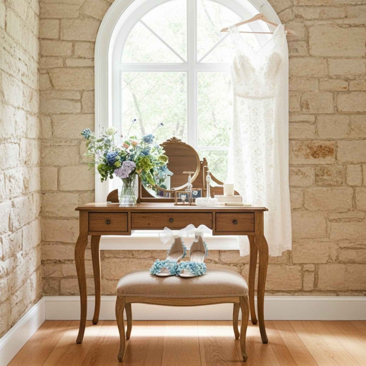 Wooden vanity table with mirror, flowers, and stool with floral wedding shoes against a stone wall.