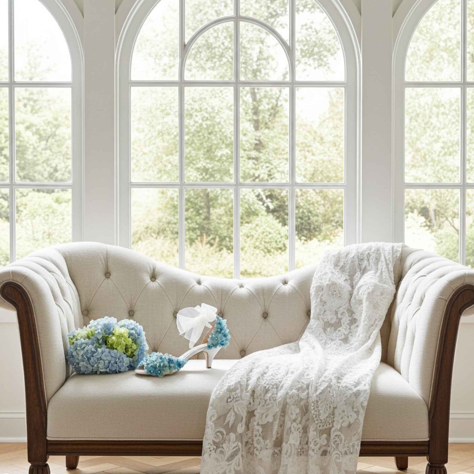 Beige chaise with a lace bridal gown, floral arrangement and matching floral kitten heel shoes in a sunroom with large windows.