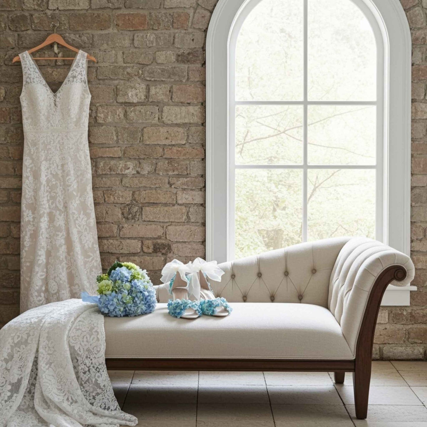 White lace dress hanging on a brick wall with a white chaise lounge and wedding bouquet with matching bridal shoes in front.
