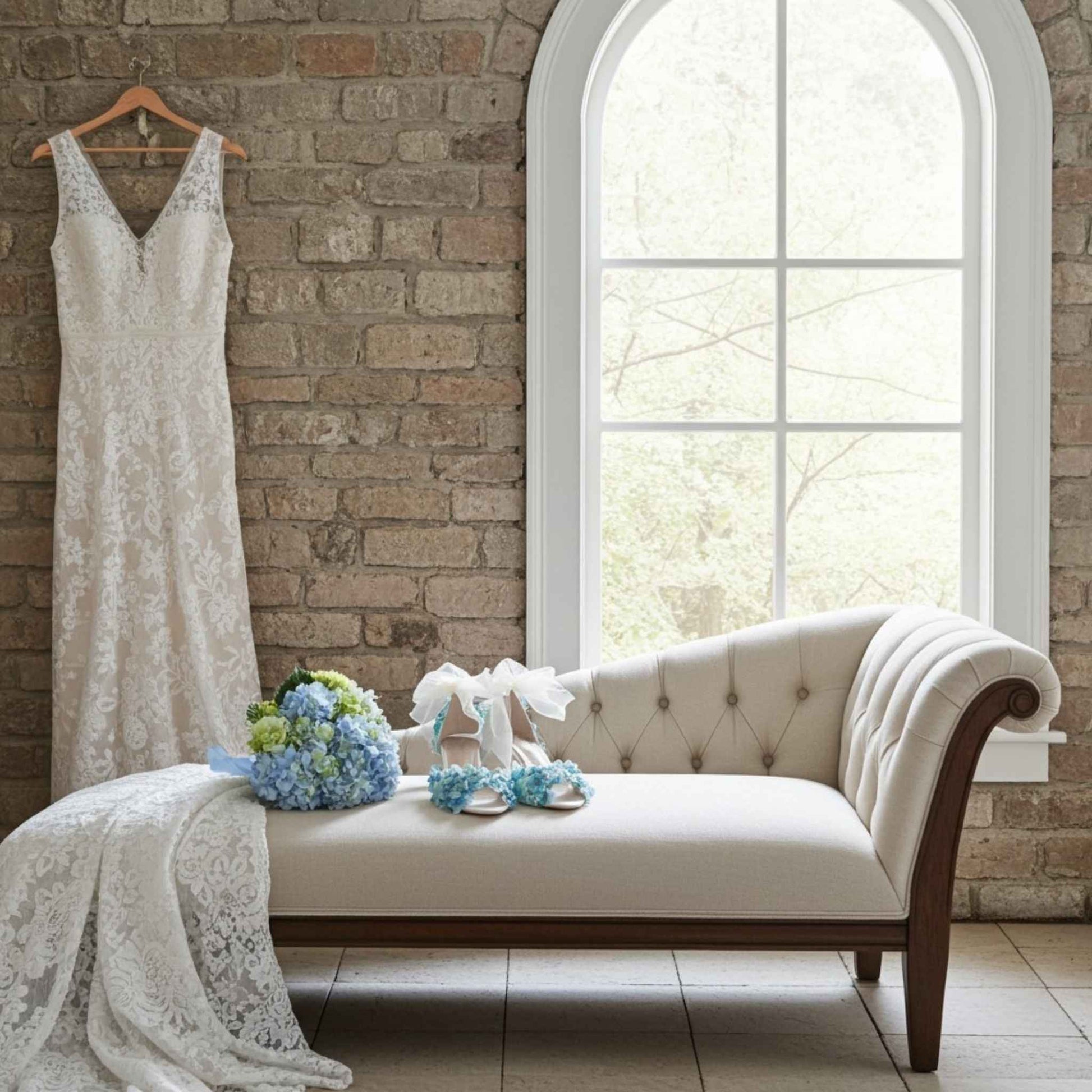 White lace dress hanging on a brick wall with a white chaise lounge and wedding bouquet with matching bridal shoes in front.