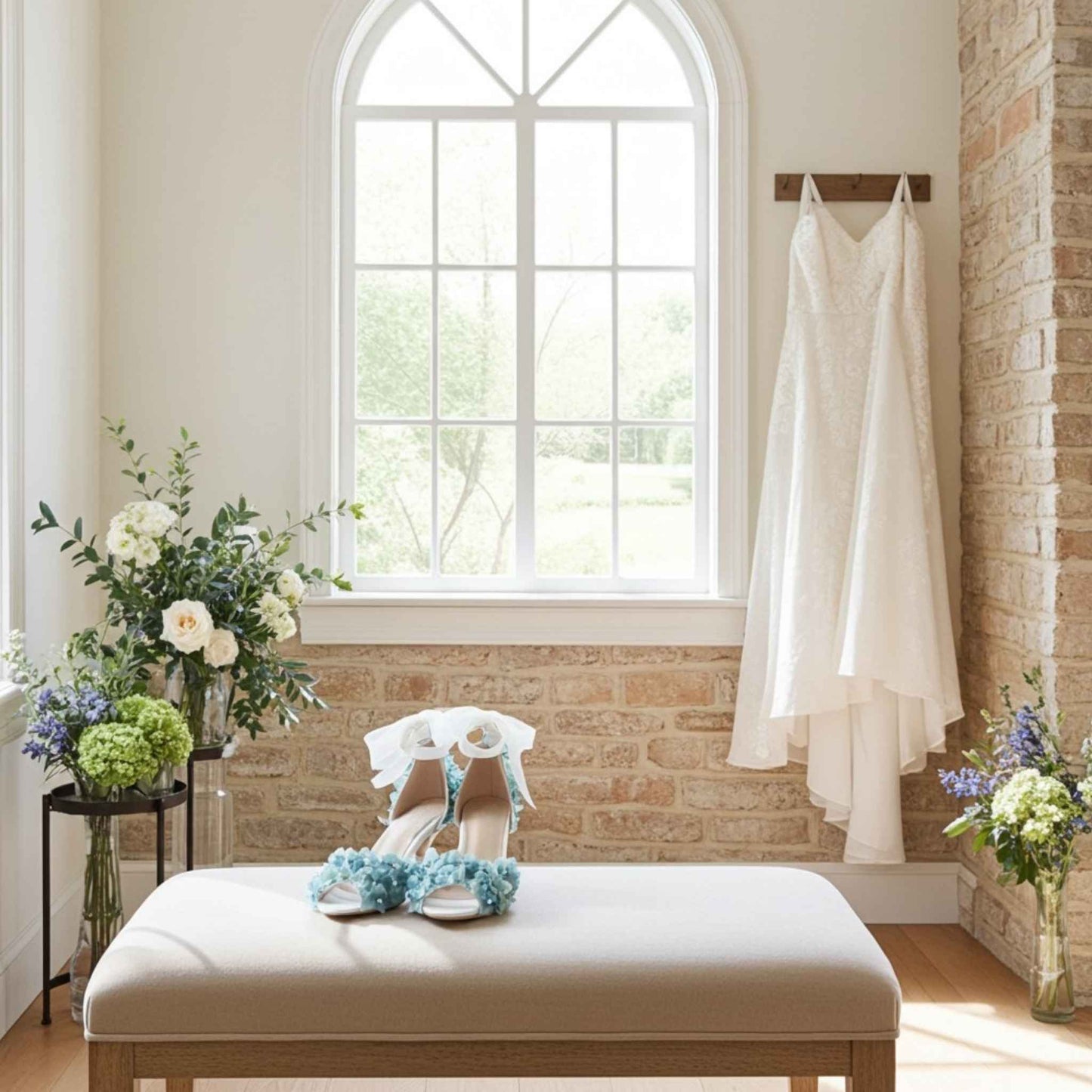 Ivory wedding dress hanging on a rack in a room with flowers and a fabric stool with floral bridal shoes.