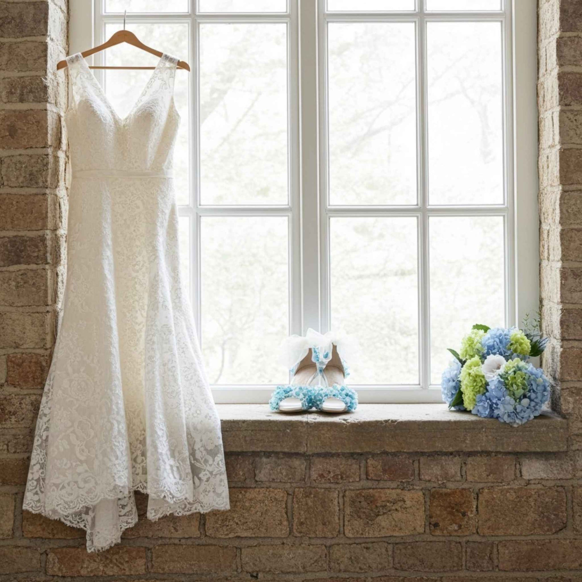 Ivory lace wedding dress hanging on a brick wall with a window in the background, pretty floral shoes are in the centre of the window ledge.