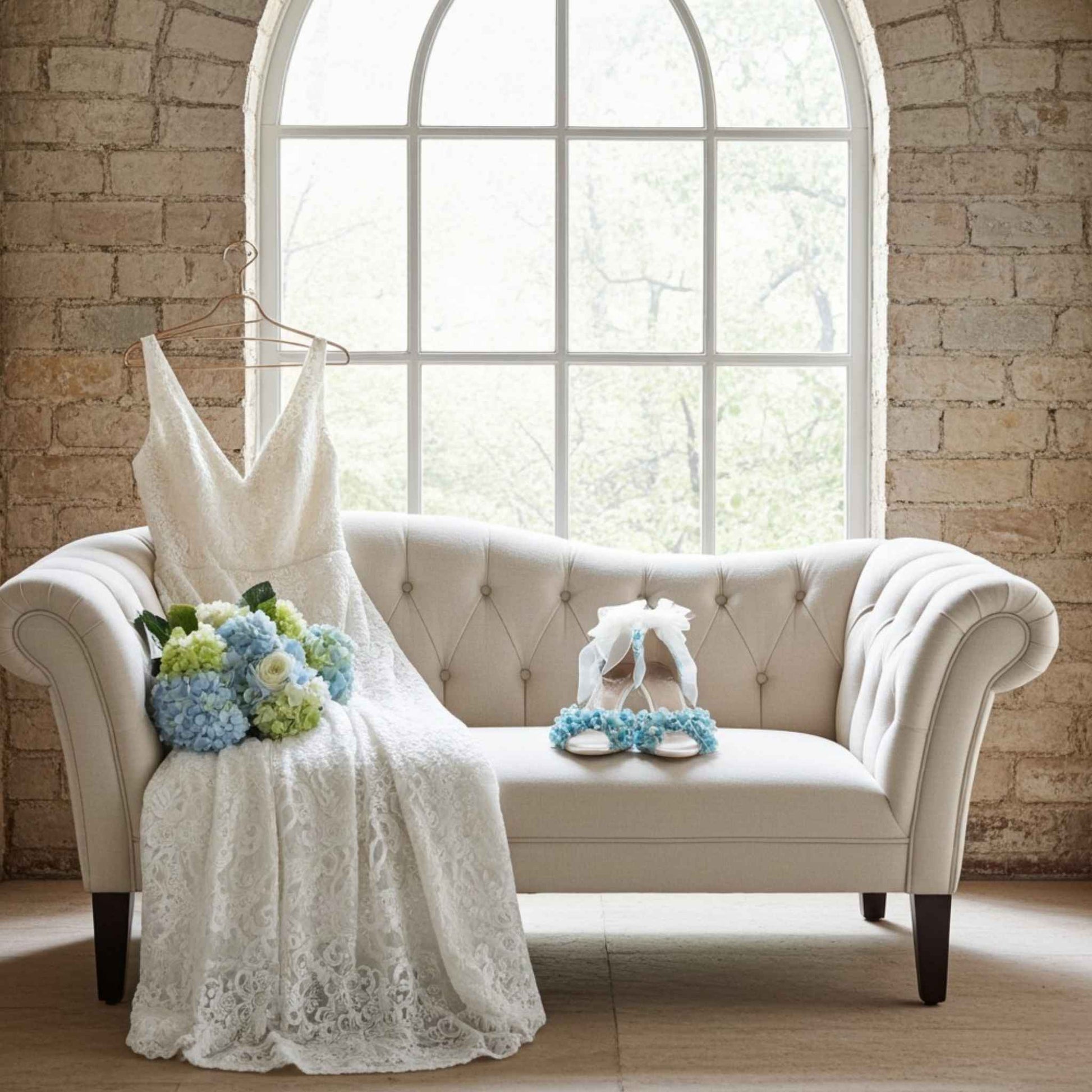 Ivory lace wedding dress on a chair with flowers and shoes in front of a large window.