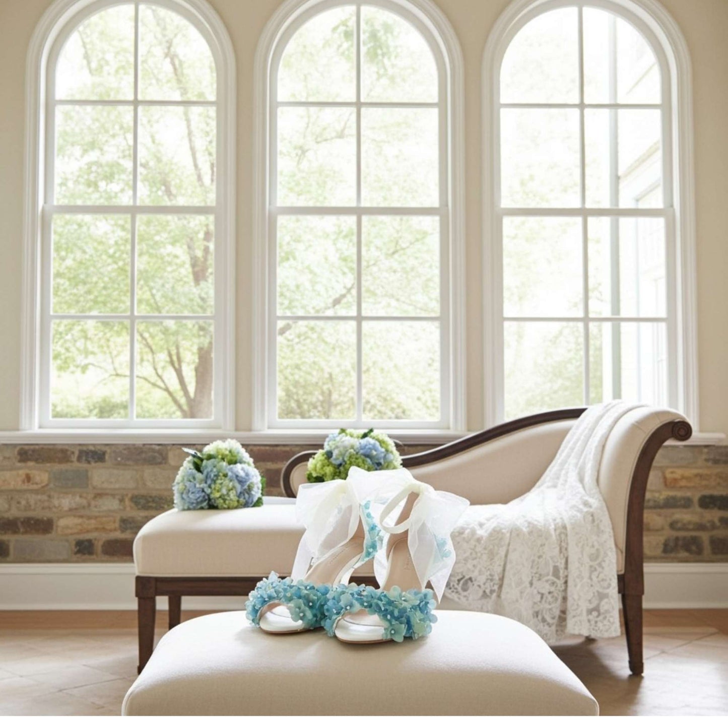 Pretty bridal shoes with silk hydrangeas and organza strap, lace bridal veil and wedding bouquets.