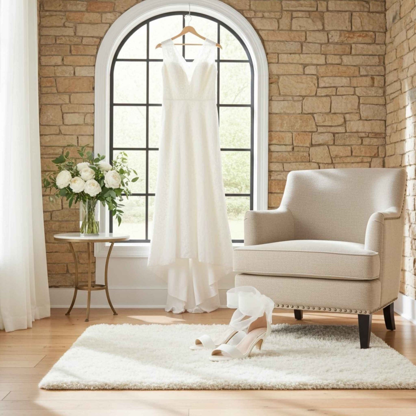 Wedding dress hung in front of window with white flowers in a vase and open toe organza bridal shoes in front.