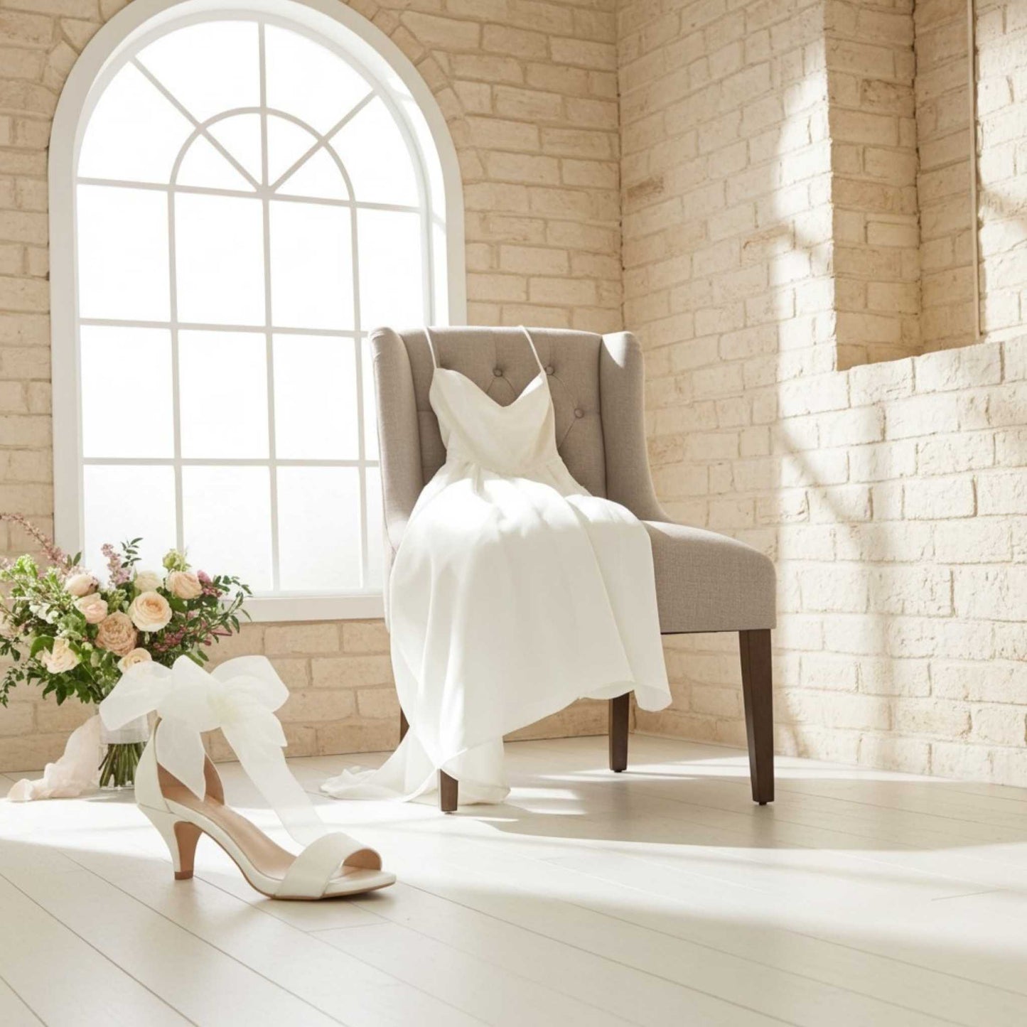 Single bridal shoe with bridal gown on a beige chair in the background and peach flower display.