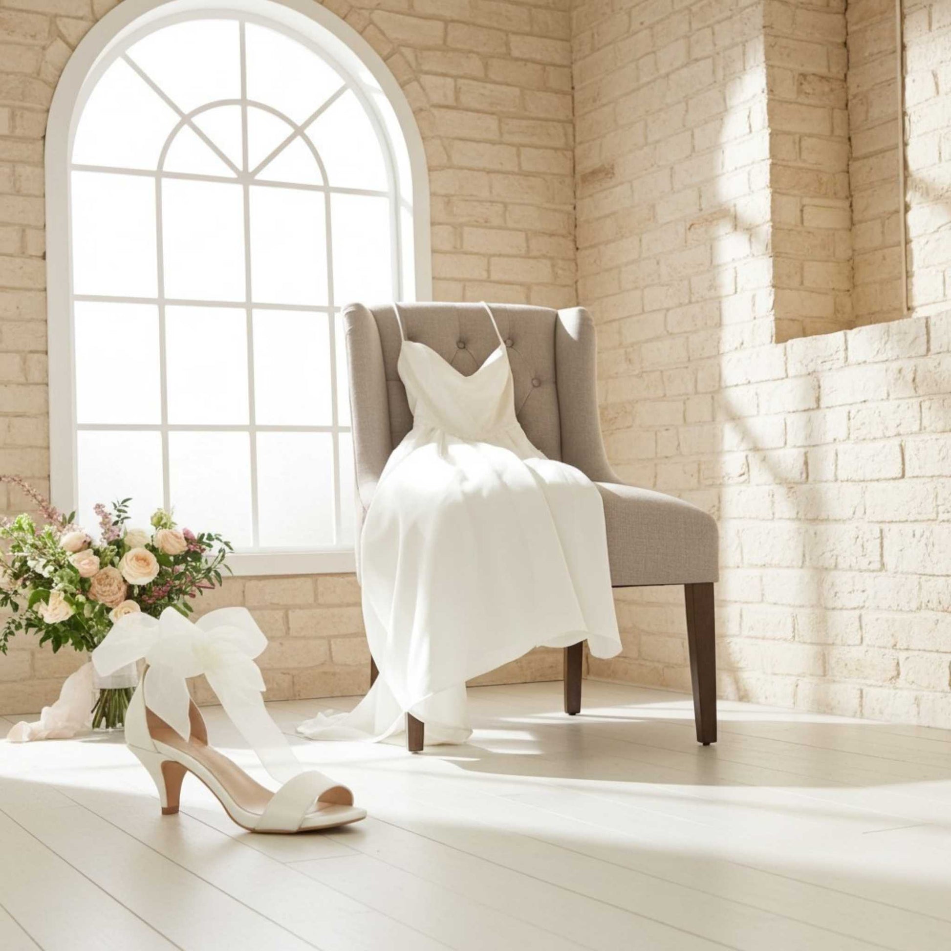 Single bridal shoe with bridal gown on a beige chair in the background and peach flower display.