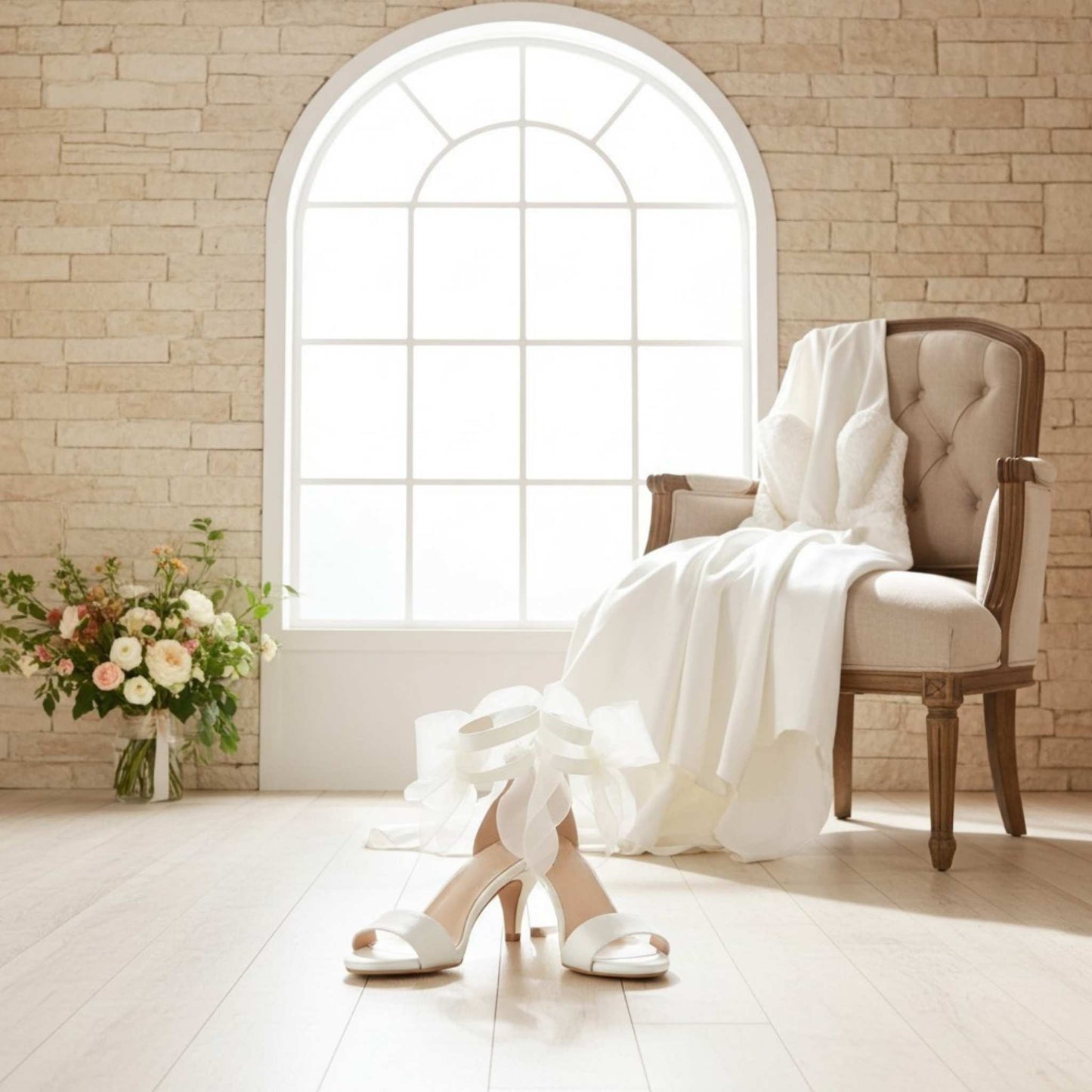 Front view of open toe bridal shoes with organza straps and bridal gown on a vintage chair, floral display.