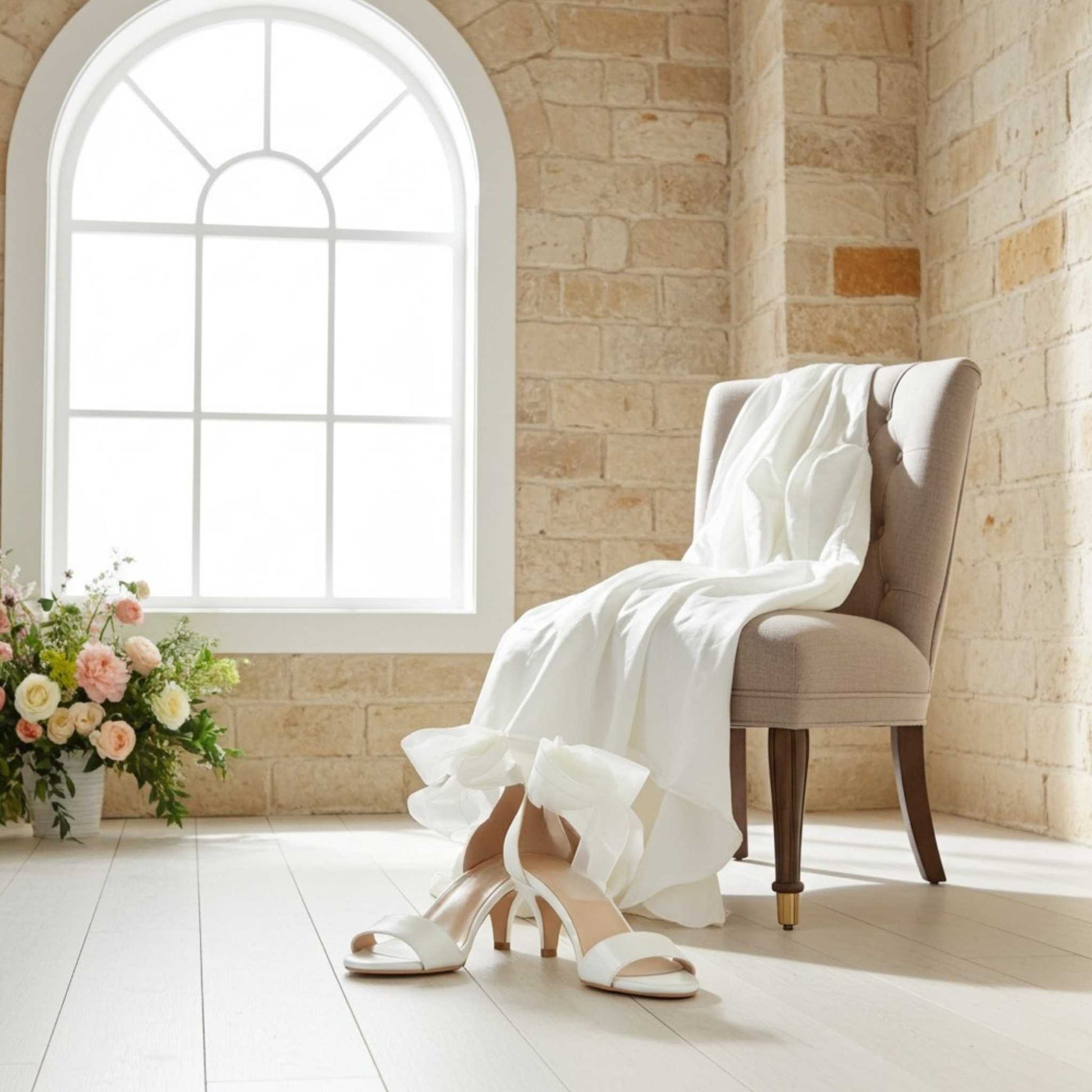 Open toe bridal shoes with kitten heel, bridal gown is on a beige chair, pink and peach flowers in a pot.