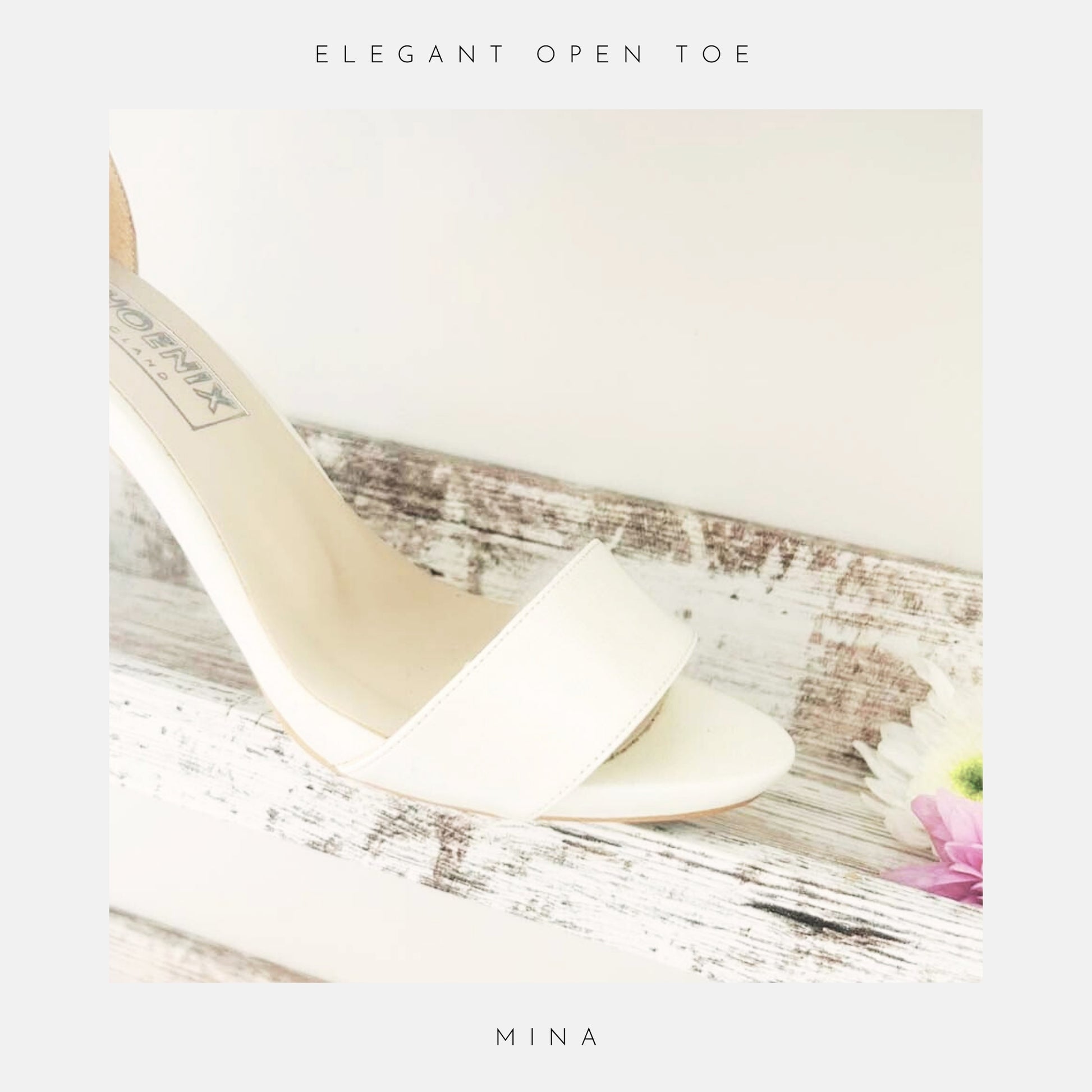 Ivory high heel shoe on a textured surface with 'Mina' branding