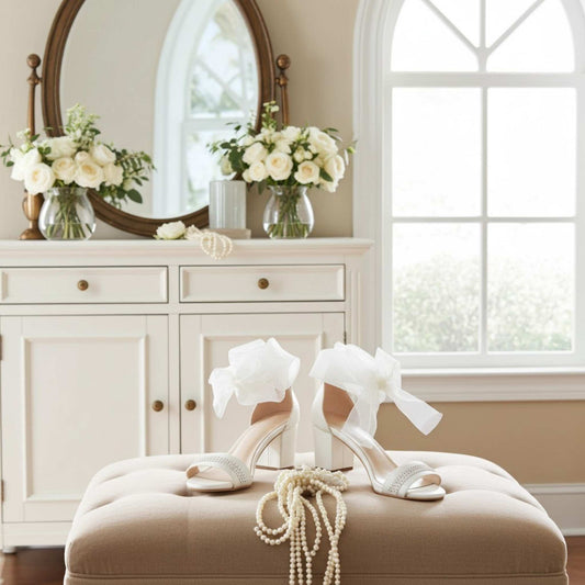 Ivory mid-heeled rhinestone shoes with bows on a beige cushion in a room with a mirror and flowers.