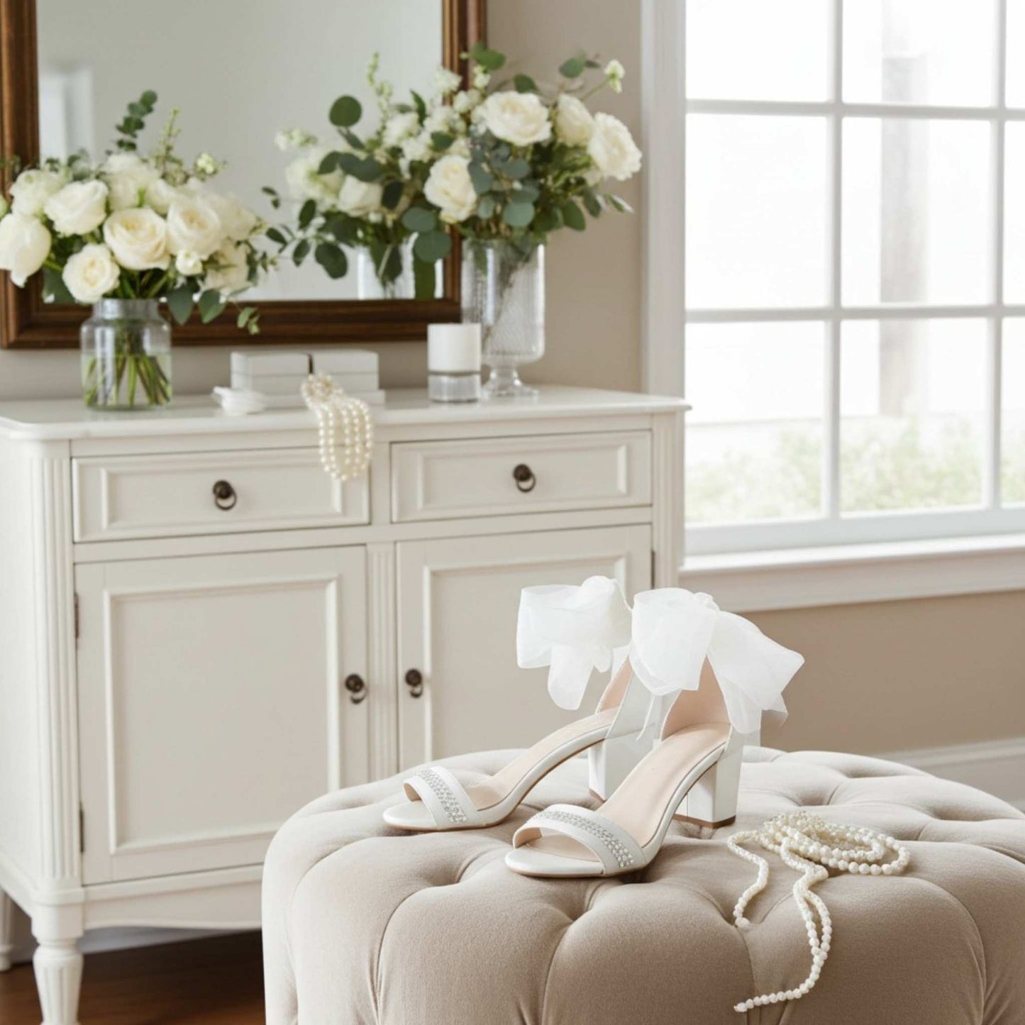 Ivory block-heeled shoes with bow and crystals on a beige ottoman in a room with a dresser and flowers.