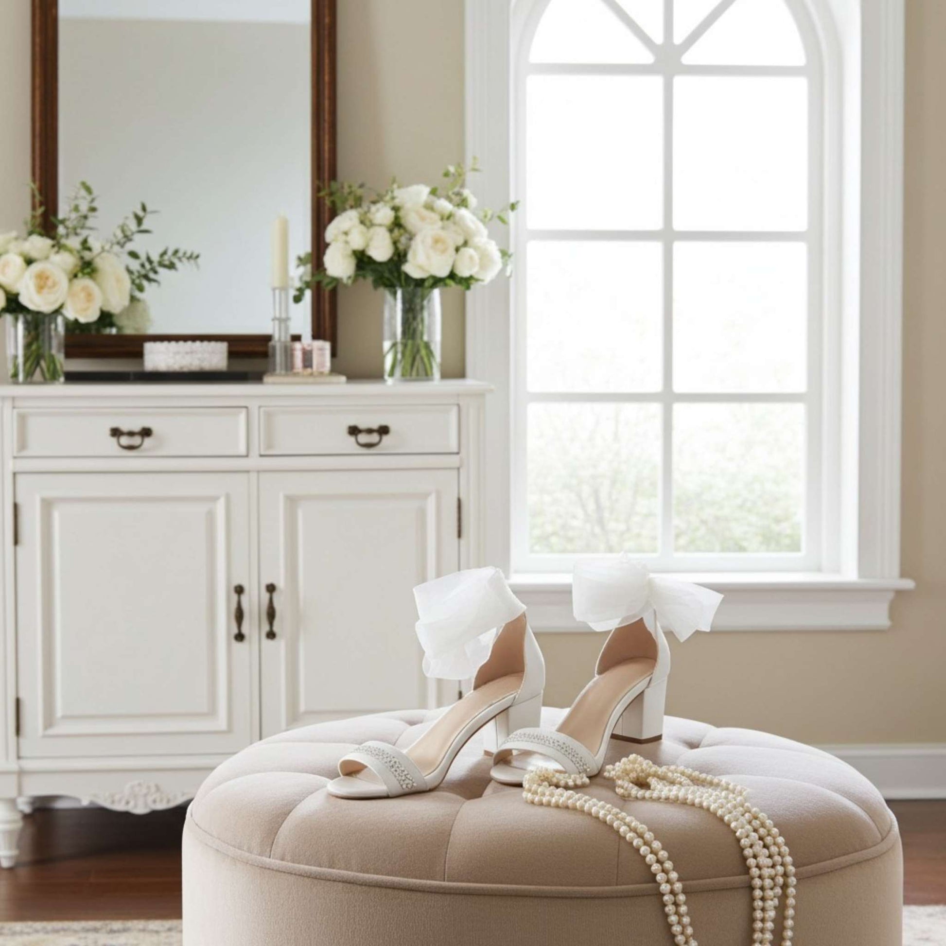 Mid-heeled shoes and rhinestones on a beige ottoman in a stylish room with a window and cabinet.