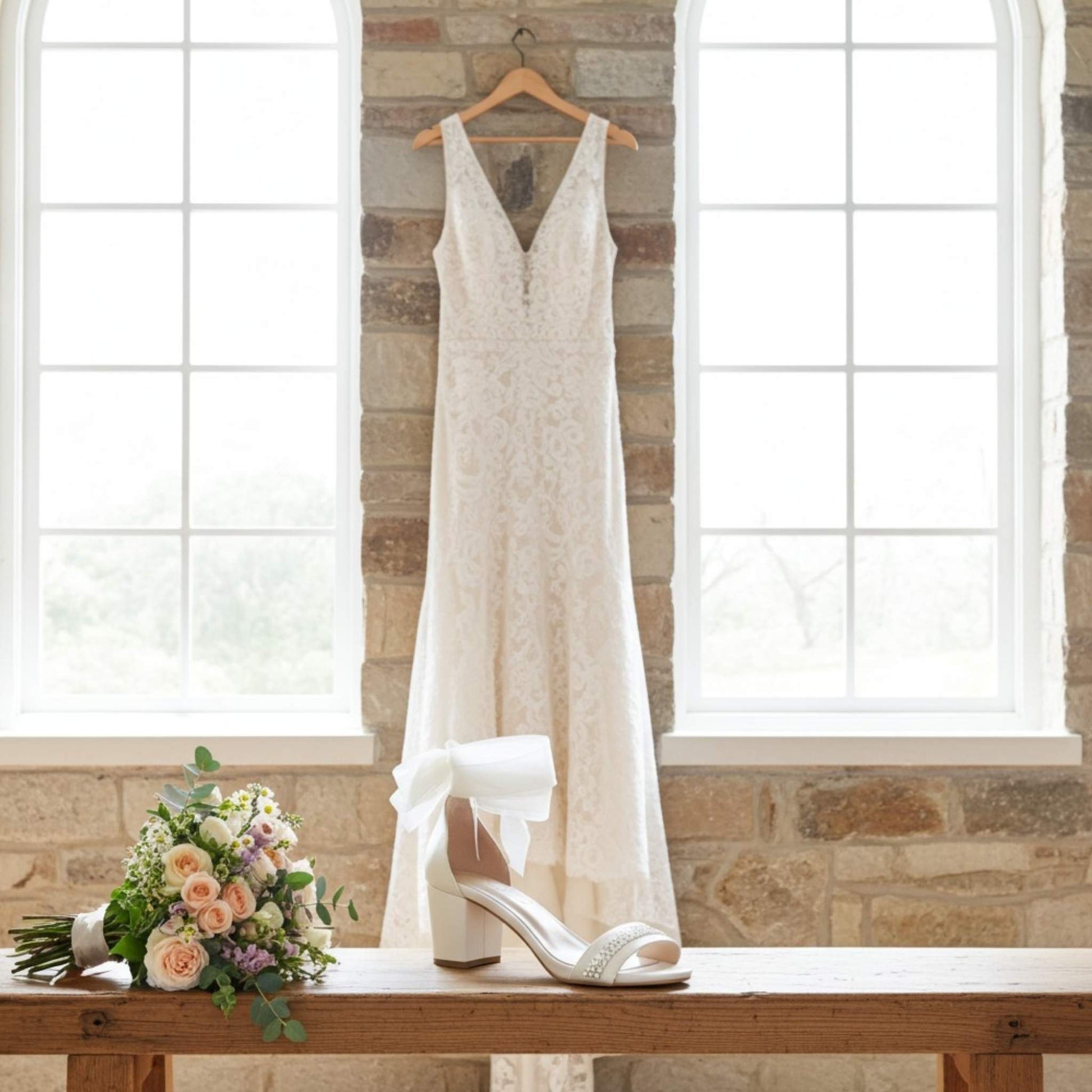 Ivory wedding dress hanging on a wooden hanger with a bouquet and shoes on a table in front of a stone wall.
