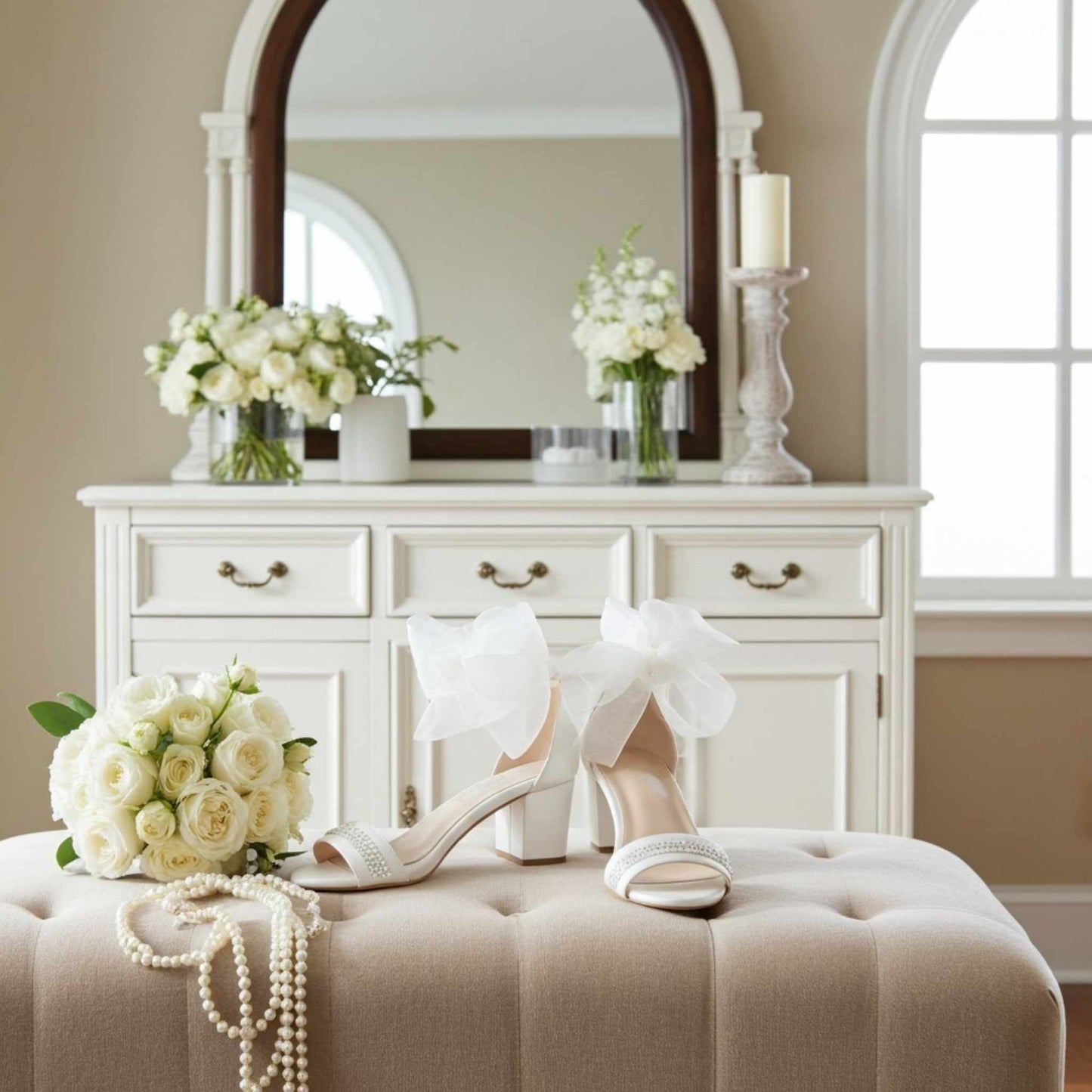 Ivory high-heeled shoes with ribbons on a beige ottoman in front of a white dresser with floral arrangements.