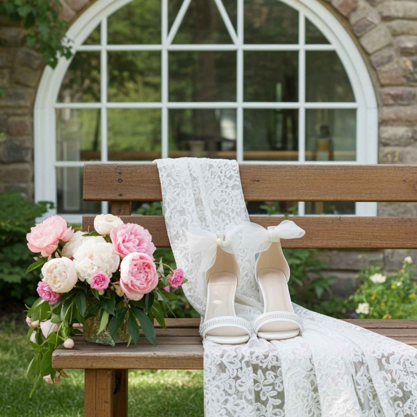 Wooden bench with a bouquet of pink flowers and a white lace garment in an outdoor setting with front view of open toe crystal bridal shoes.