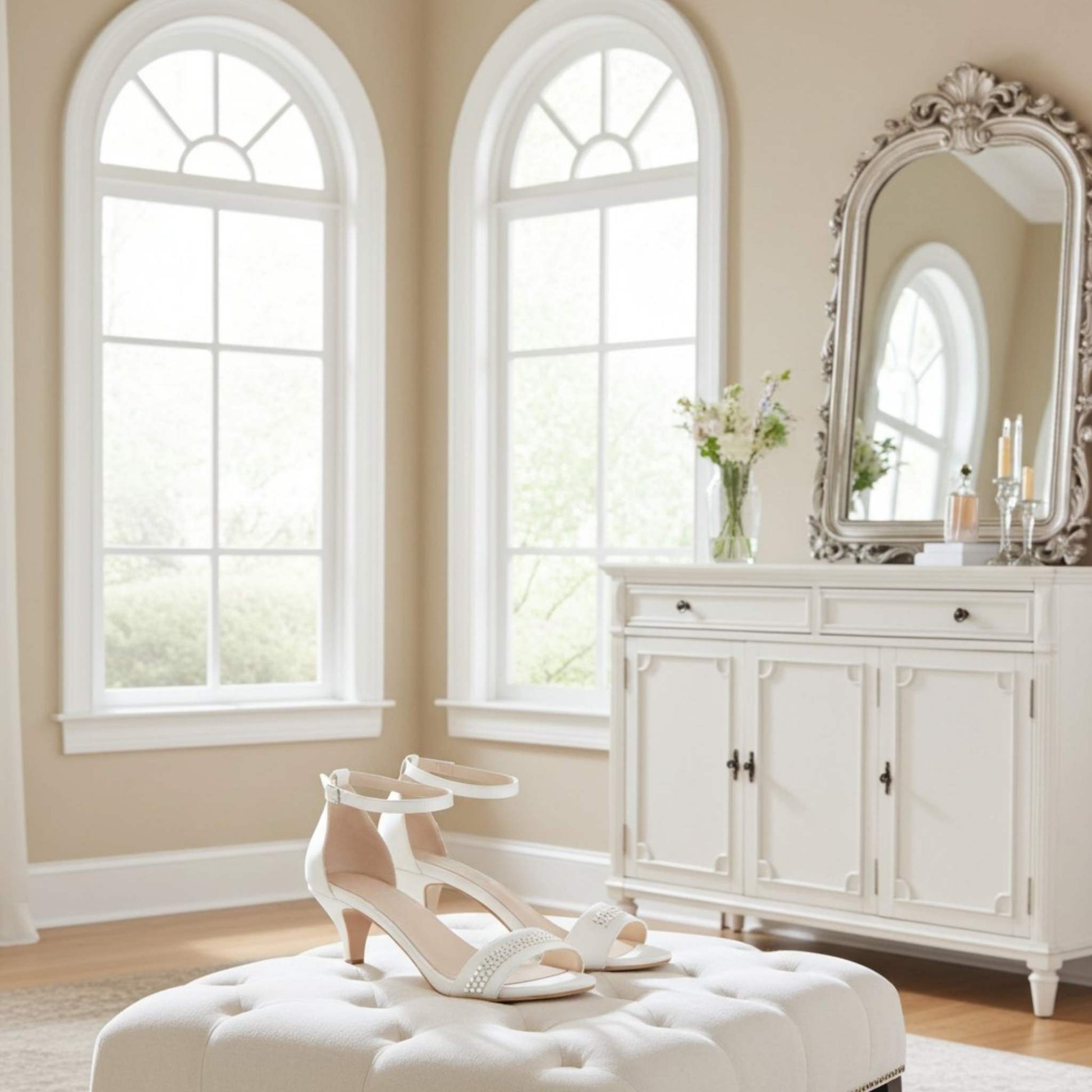 Ivory mid-heeled shoes on a white ottoman in a room with arched windows and a decorative mirror.