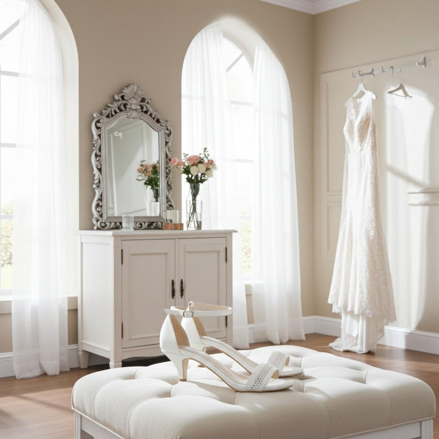 Bridal room with wedding dress hanging, bridal shoes on ottoman, and decorative mirror.
