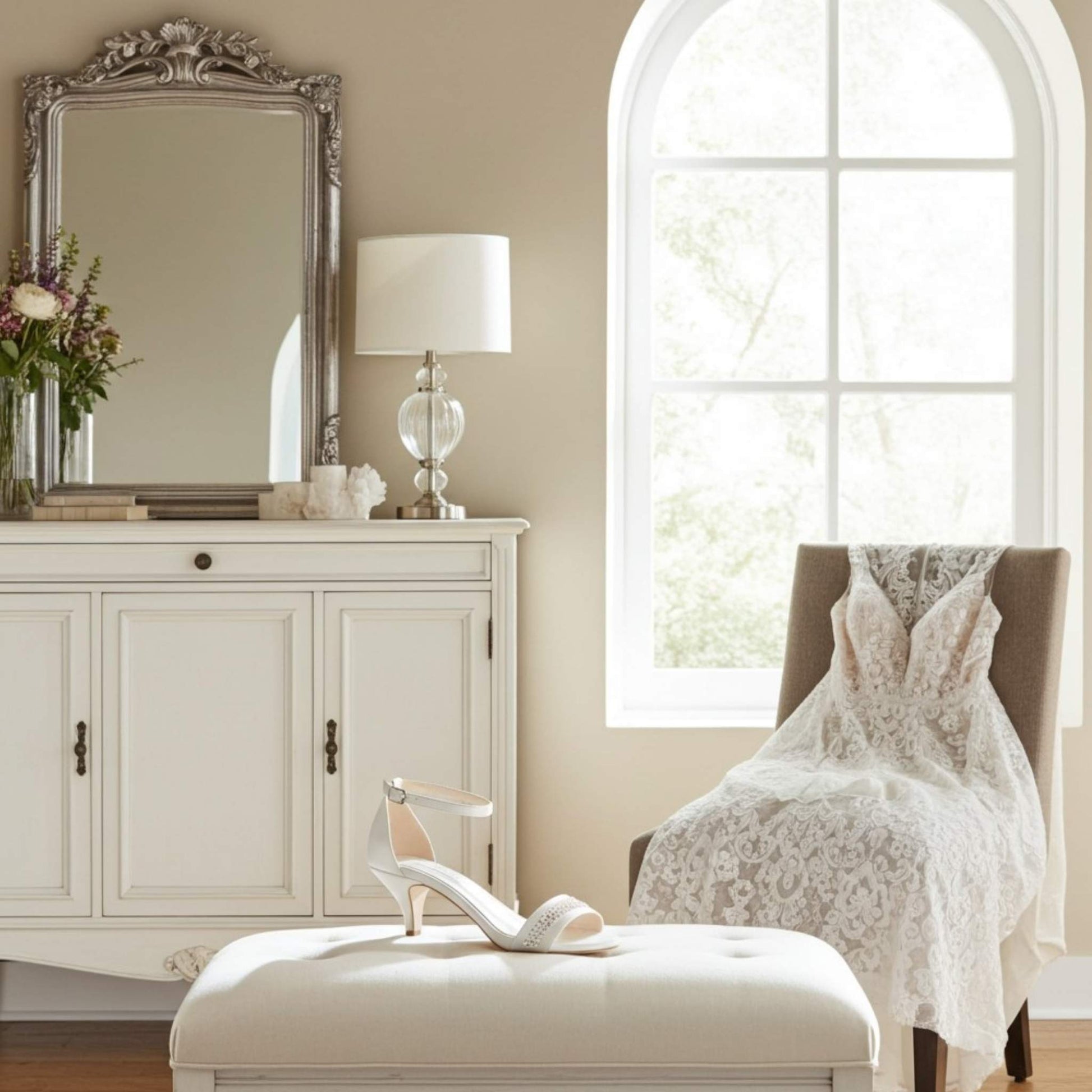 Neatly arranged room with a white dresser, mirror, and chair with a lace cover. A single bridal shoe is on a footstool and lace gown on a chair.