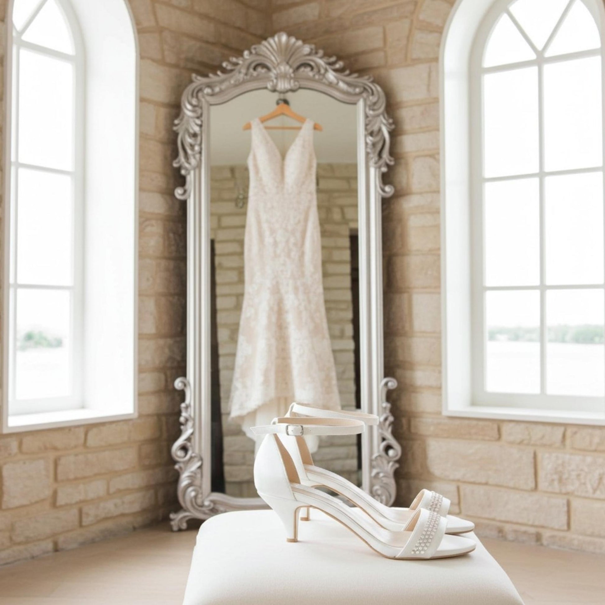 Wedding dress hanging on a mirror with kitten heel bridal shoes in front, in a room with stone walls and large windows.
