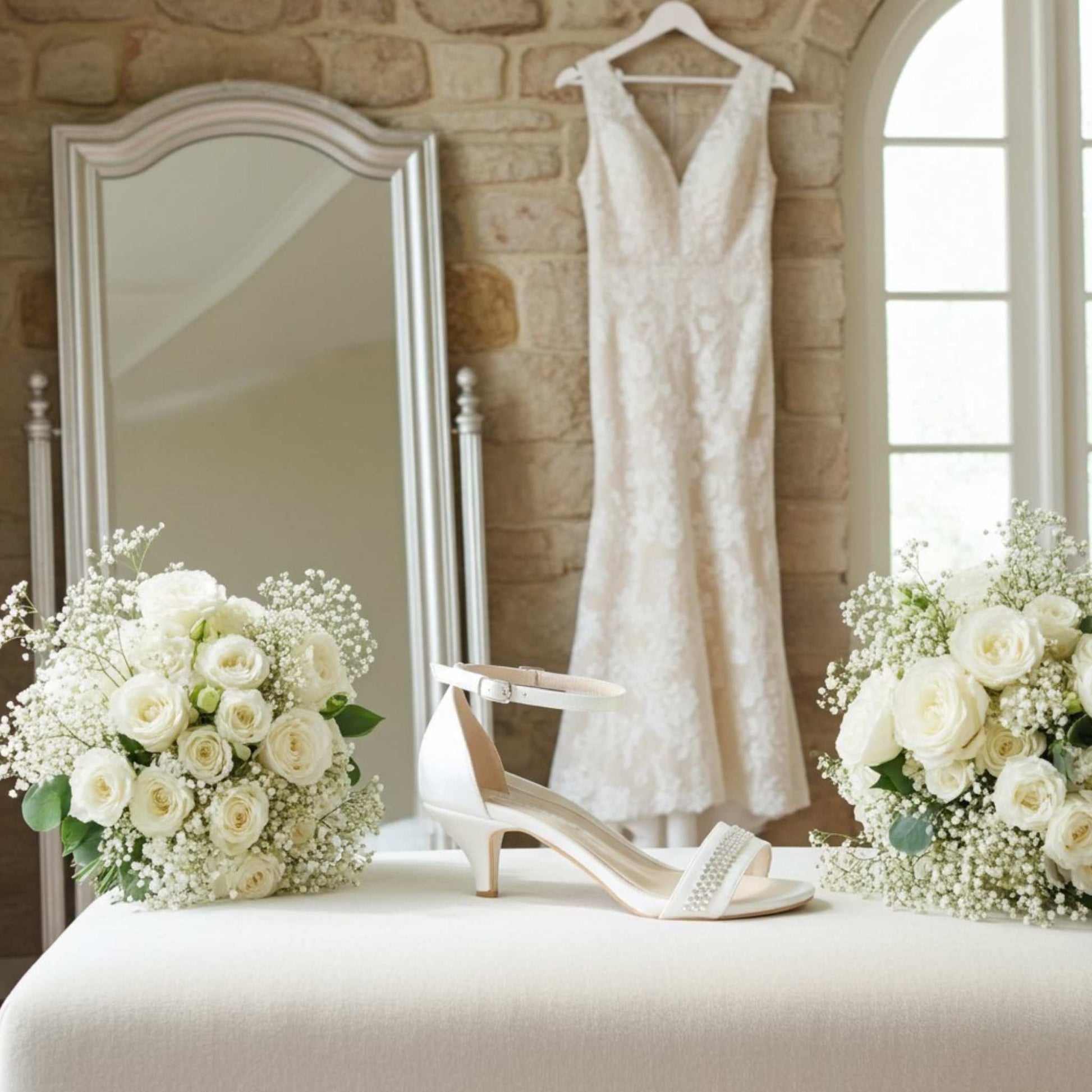 White wedding dress hanging on a rack with a mirror and floral arrangements in a room with stone walls. Pretty crystal front bridal shoes are on a stool between the flowers.
