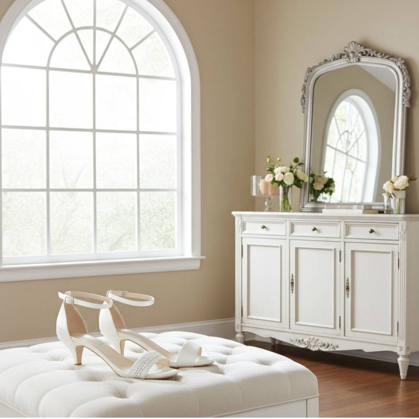 Ivory high-heeled shoes on a cushion in front of a decorative mirror and cabinet.