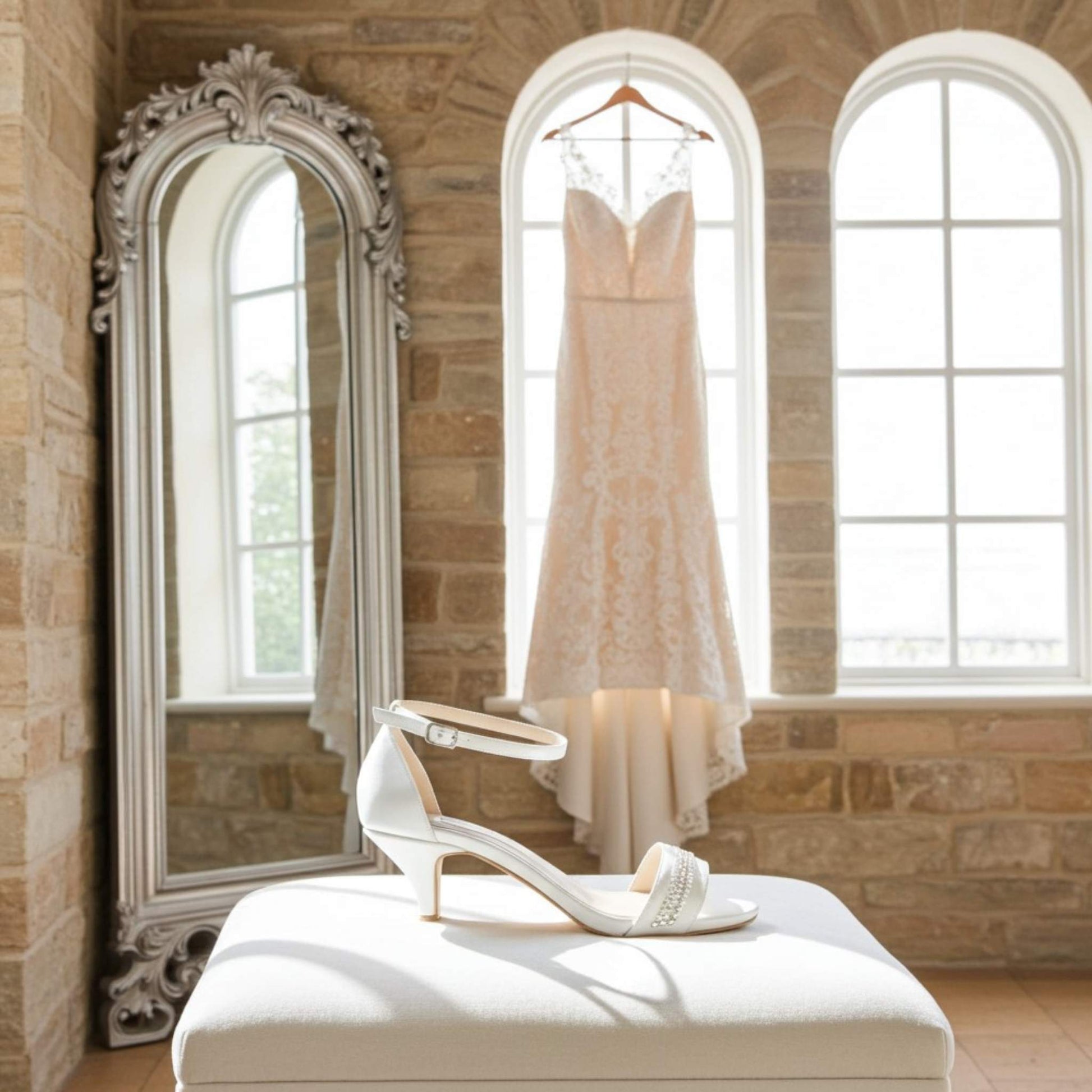 Ivory wedding dress hanging in a room with stone walls and large windows, accompanied by an ivory bridal shoe on a stool.