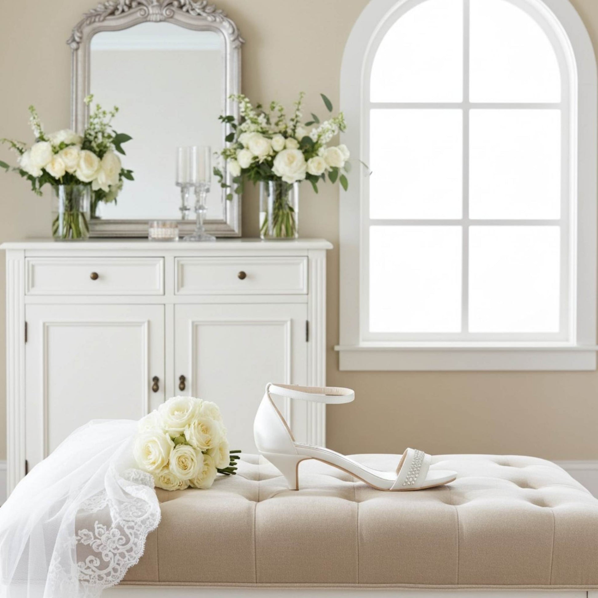 Cream bedroom with a dresser, mirror, and bridal flowers with a single crystal front bridal shoe on a cream footstool.