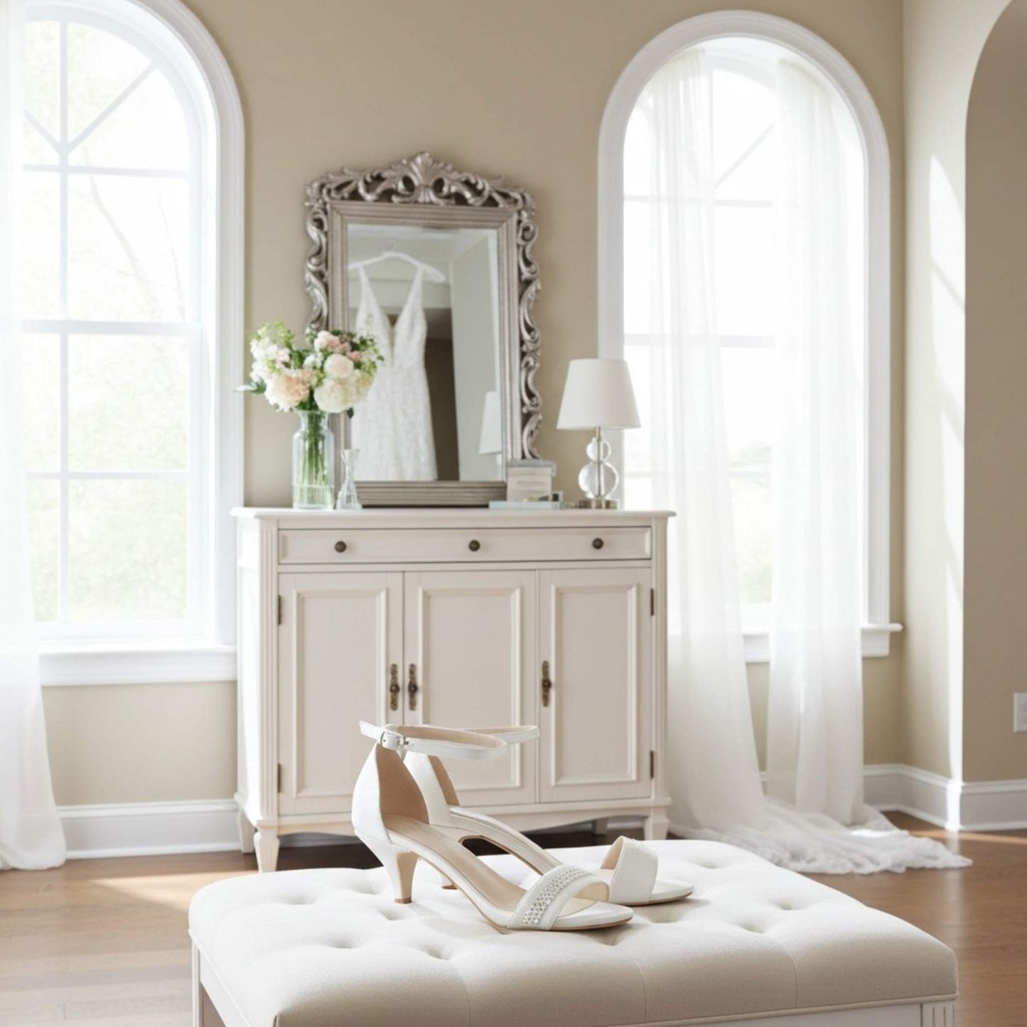 Ivory low-heeled bridal shoes on a cushioned ottoman in a bright room with a mirror and flowers.